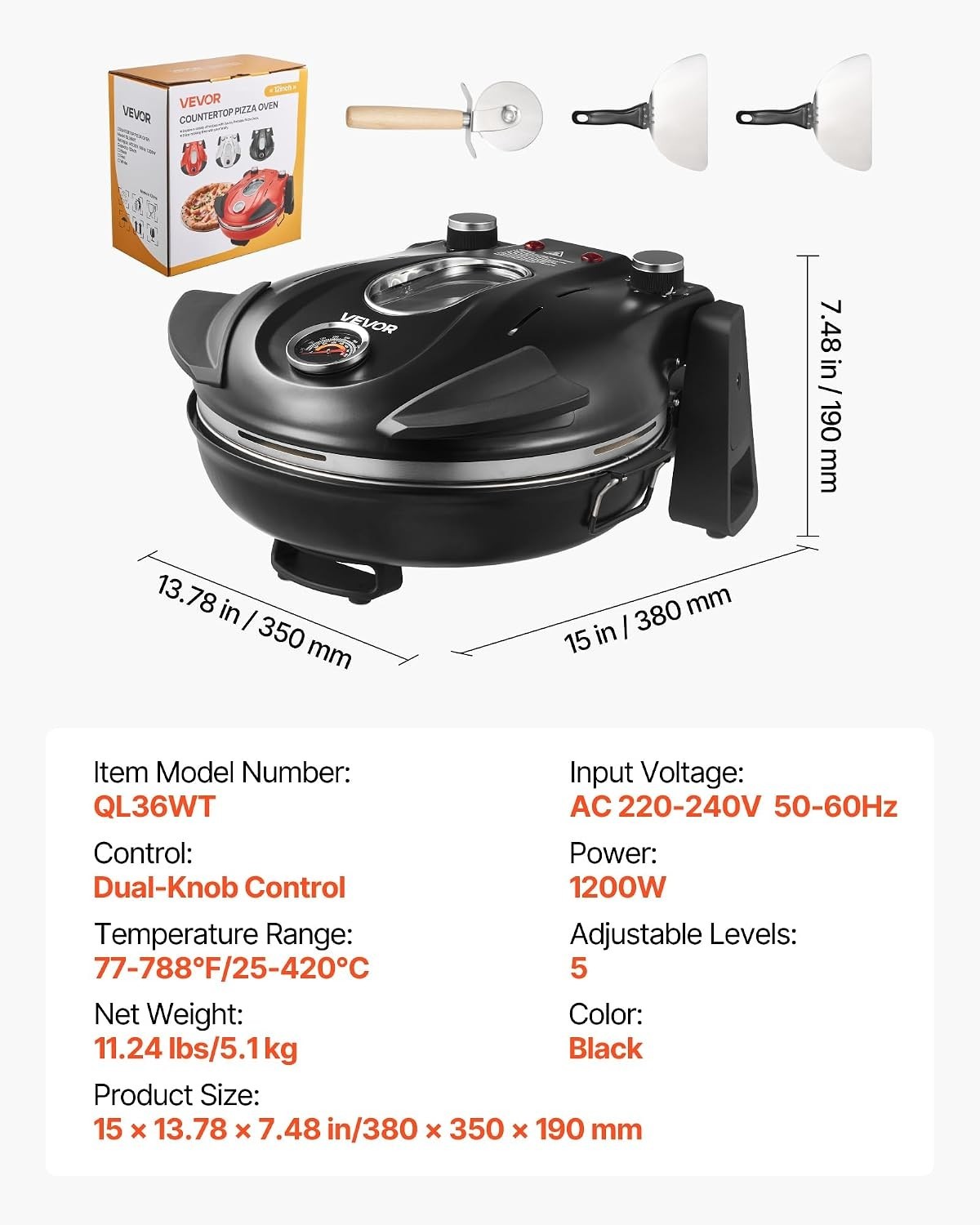 Crispy Pizza Maker: 12-Inch Electric Oven with 5 Heat Levels & Viewing Window