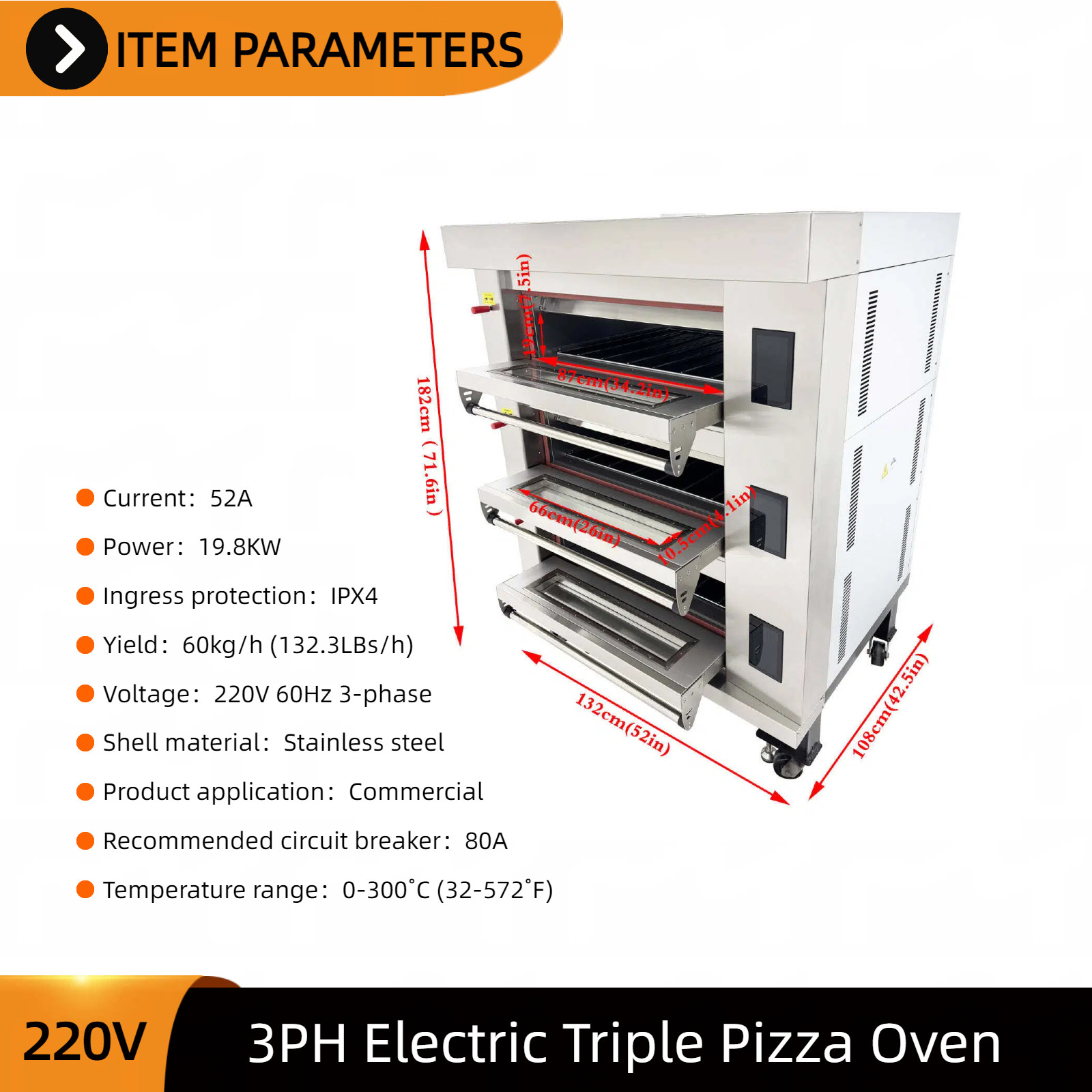 220V 3-PH Commercial Pizza Oven 3-Deck 6-Tray Digital Electric Oven Smart Model