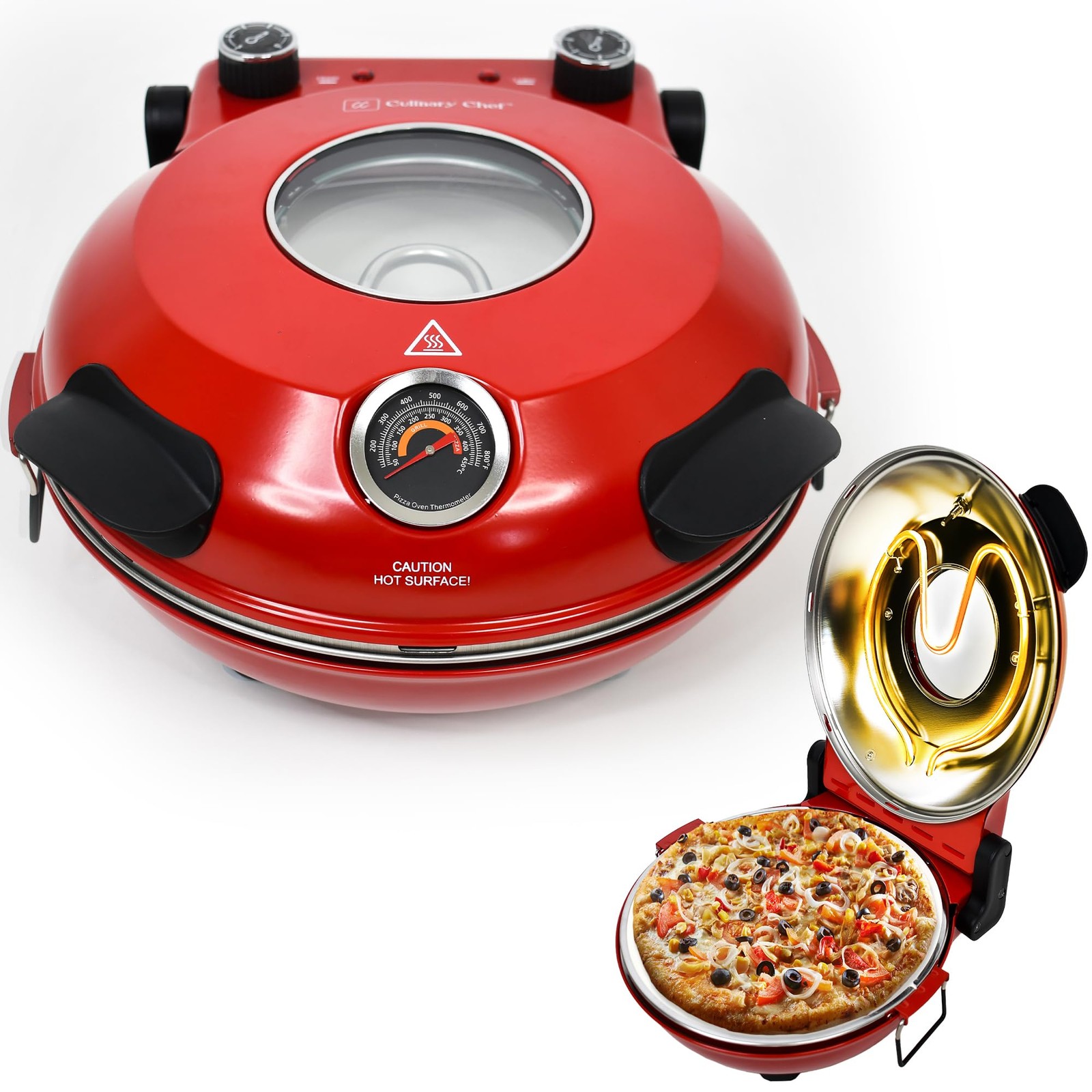 CULINARY CHEF Electric Pizza Oven with Ceramic Stone, Viewing Compact, Red