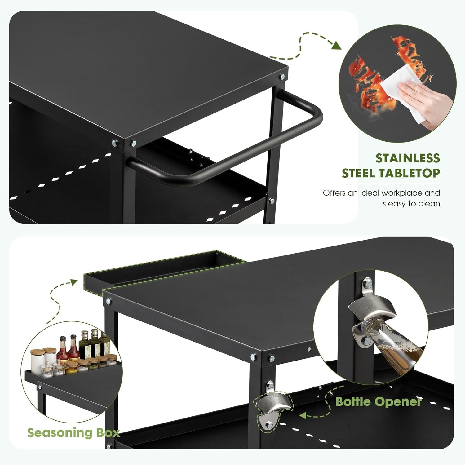 Black Iron Outdoor & Indoor Grill Cart with Lockable Casters & Hooks