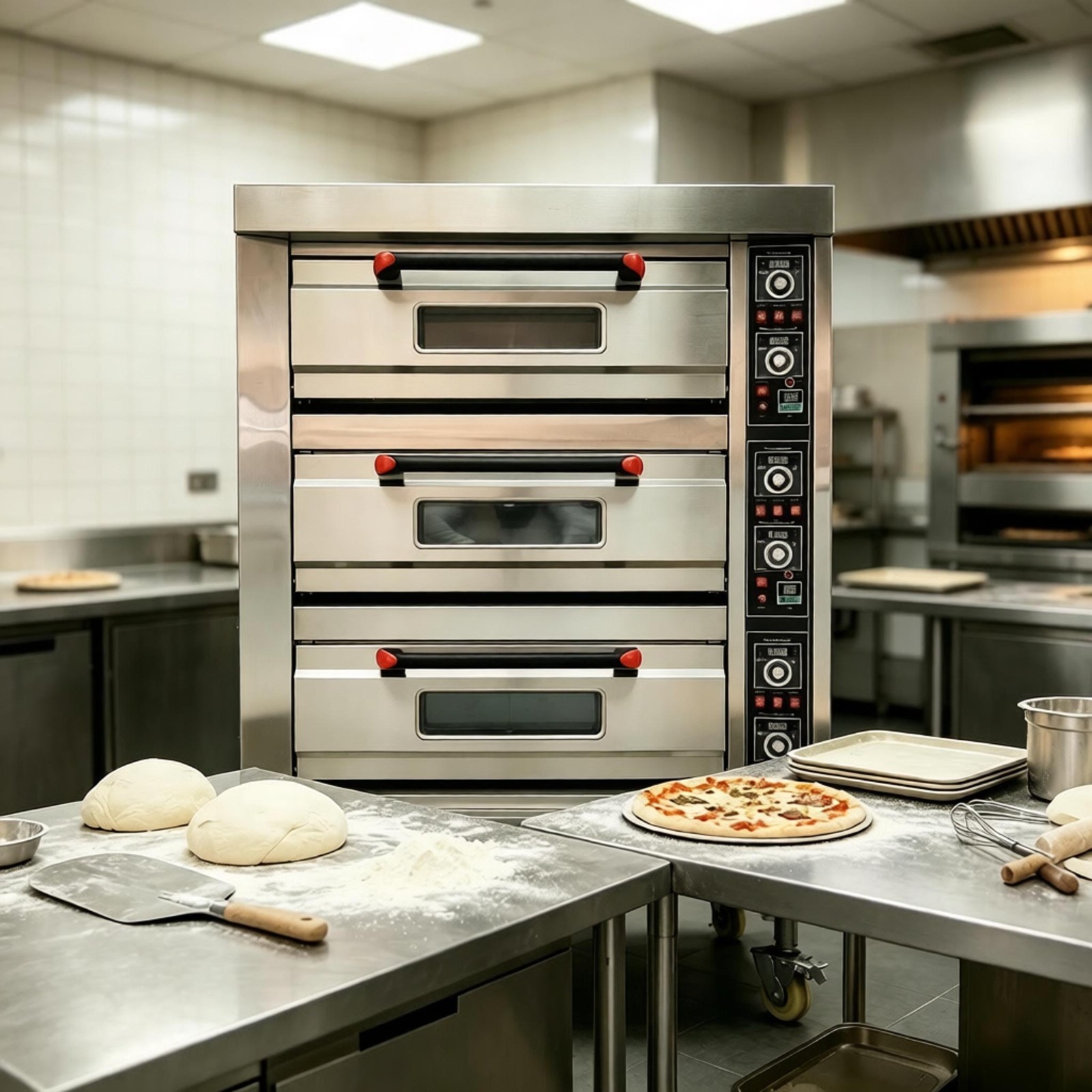 220V Commercial Movable Electric Triple Pizza Oven Independently Controlled 3PH