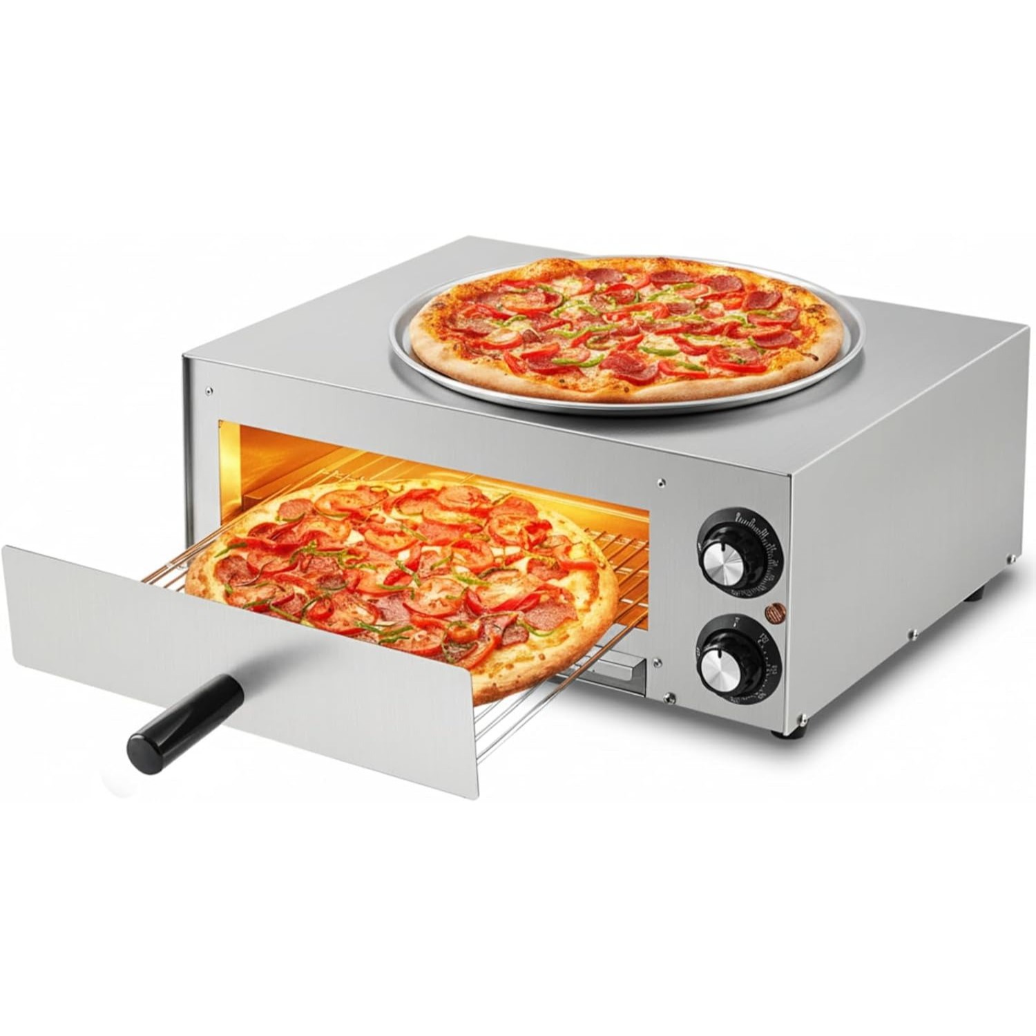 110V Electric Pizza Oven 1100W Dual Heating Timer Stainless Steel Removable Tray