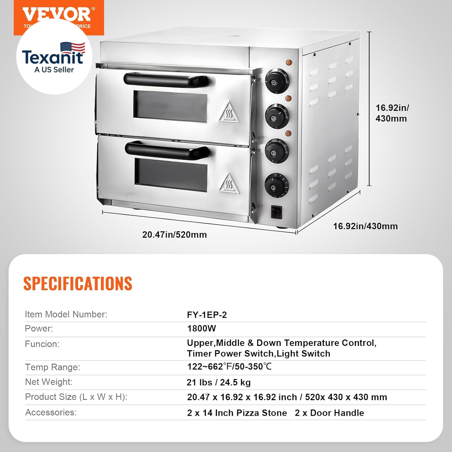 Commercial Pizza Oven Countertop, 14″ Double Deck Layer, Stainless Steel Electri