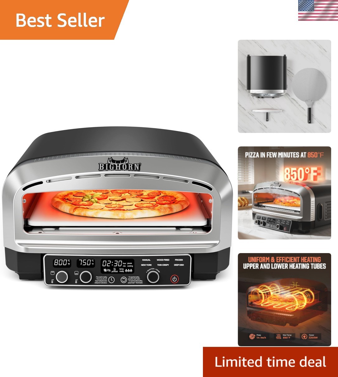 Space-Saving 14-Inch Countertop Pizza Oven with LED Display & Easy Clean Design