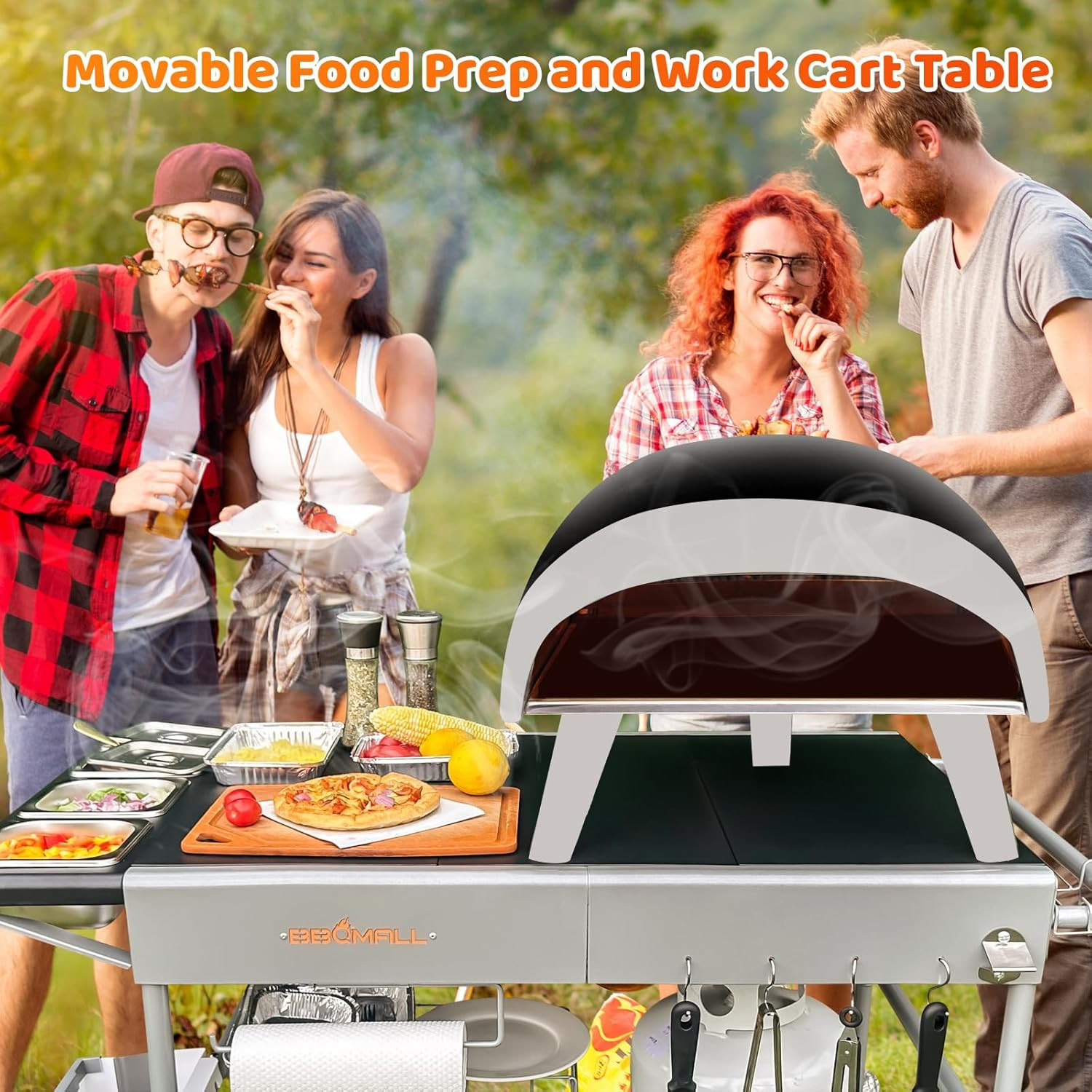 Pizza Oven Table Grill Cart with Pizza Topping Station Movable Food and Prep Wor