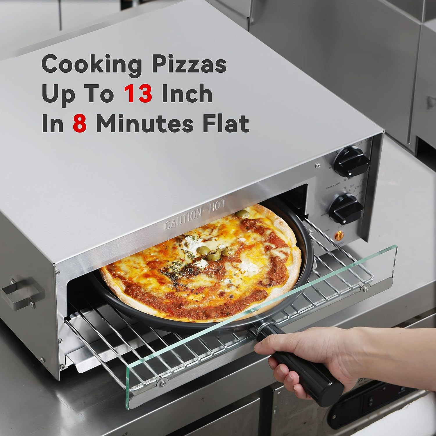 Indoor Electric Pizza Oven with Timer & Glass Door – 13 Inch, 1550W