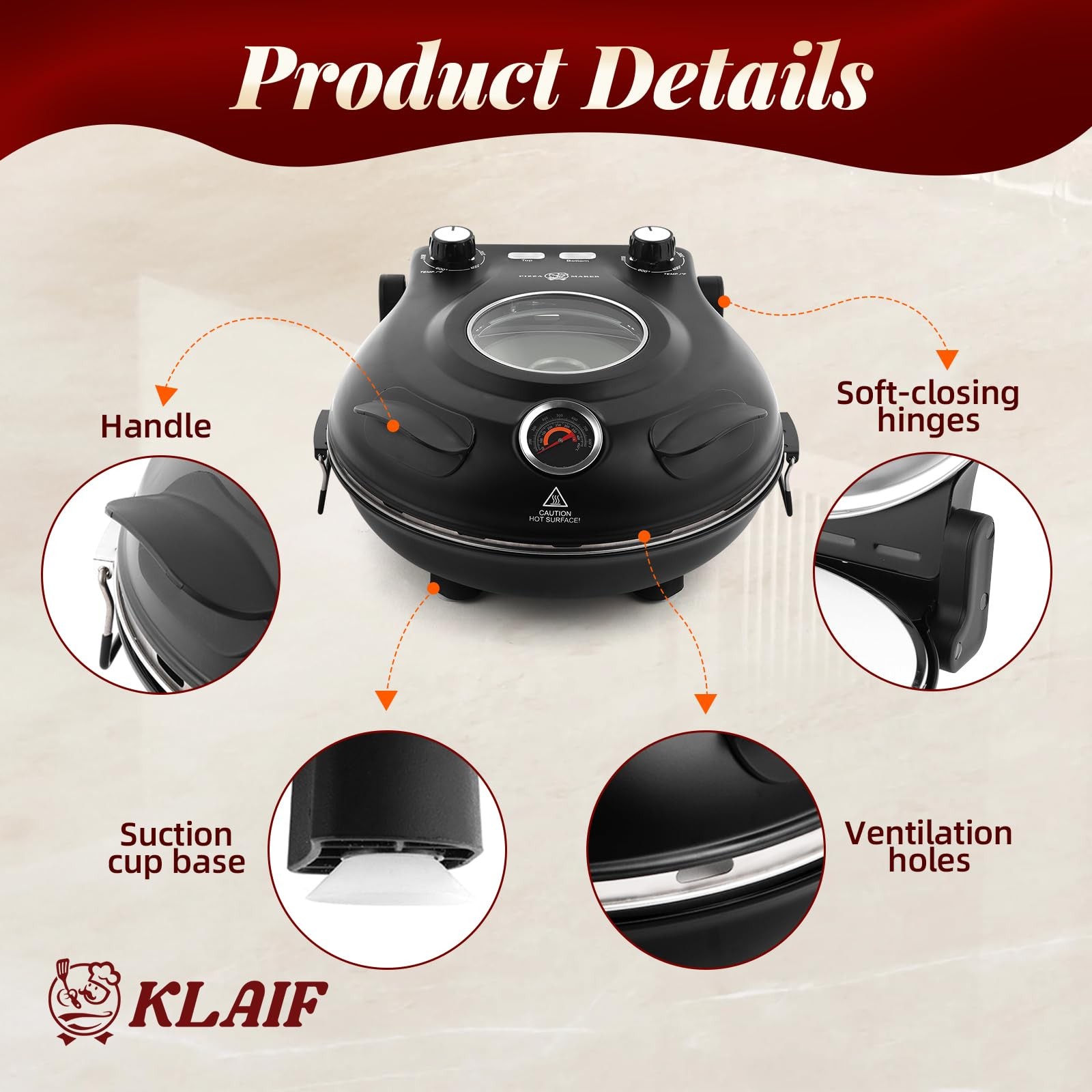 Klaif 12 Electric Countertop Pizza Oven Indoor Ceramic Stone Dual Adjustable