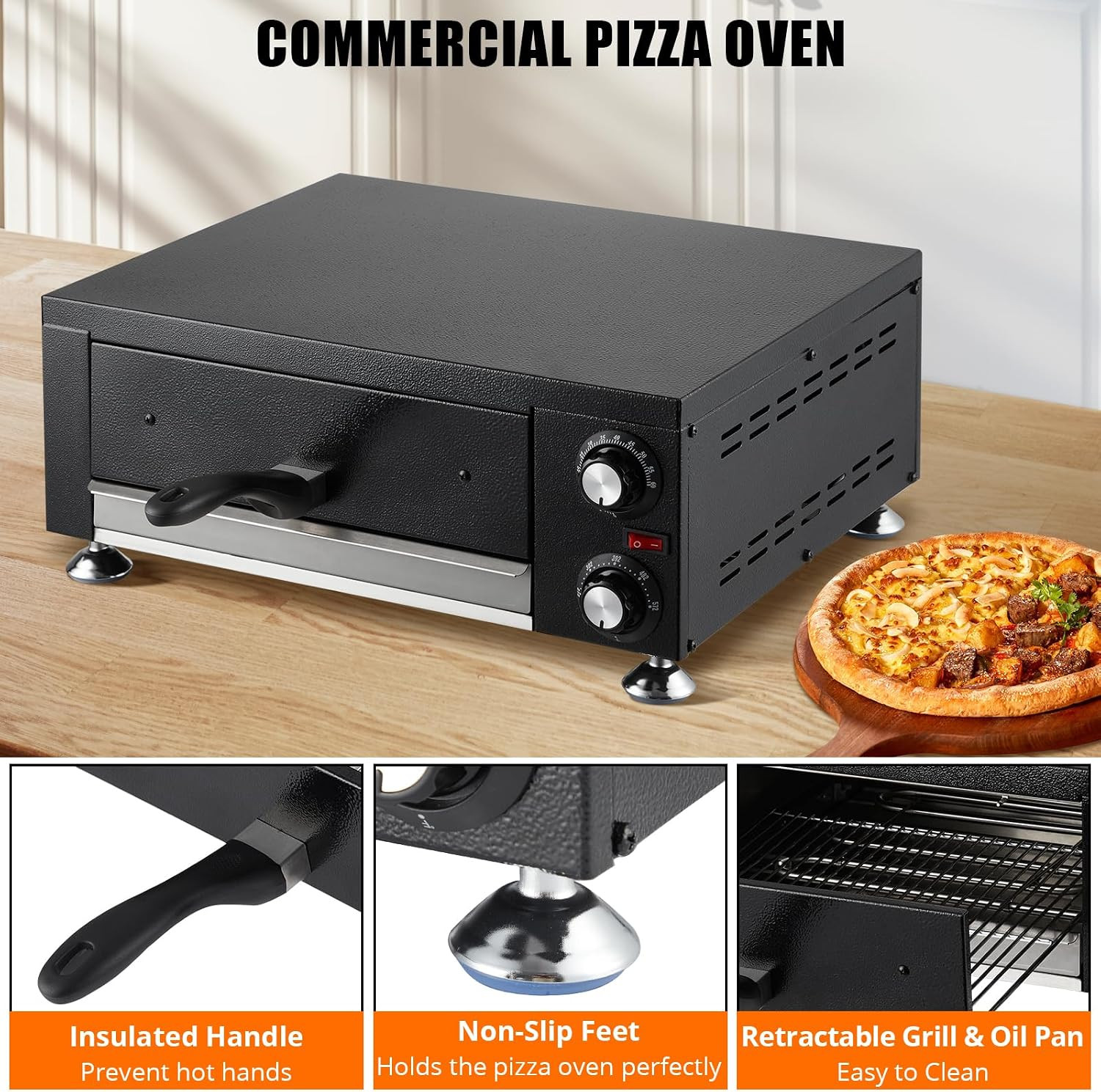 Commercial Countertop Pizza Oven, 1100W Stainless Steel Electric Pizza Maker wit