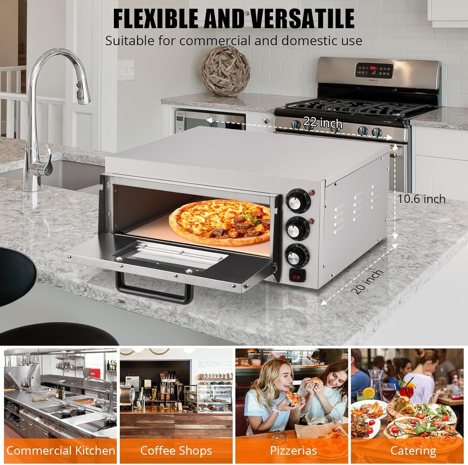 110V Electric Pizza Oven 1100W Dual Heating Timer Stainless Steel Removable Tray