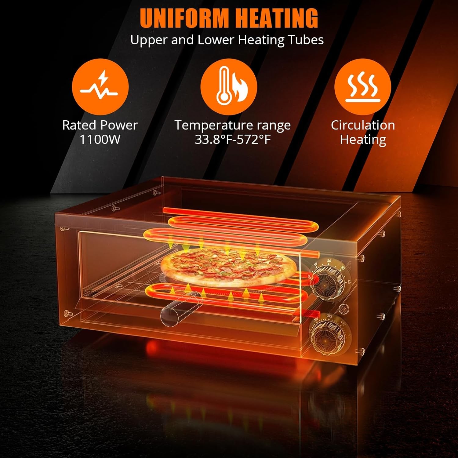 110V Electric Pizza Oven 1100W Dual Heating Timer Stainless Steel Removable Tray