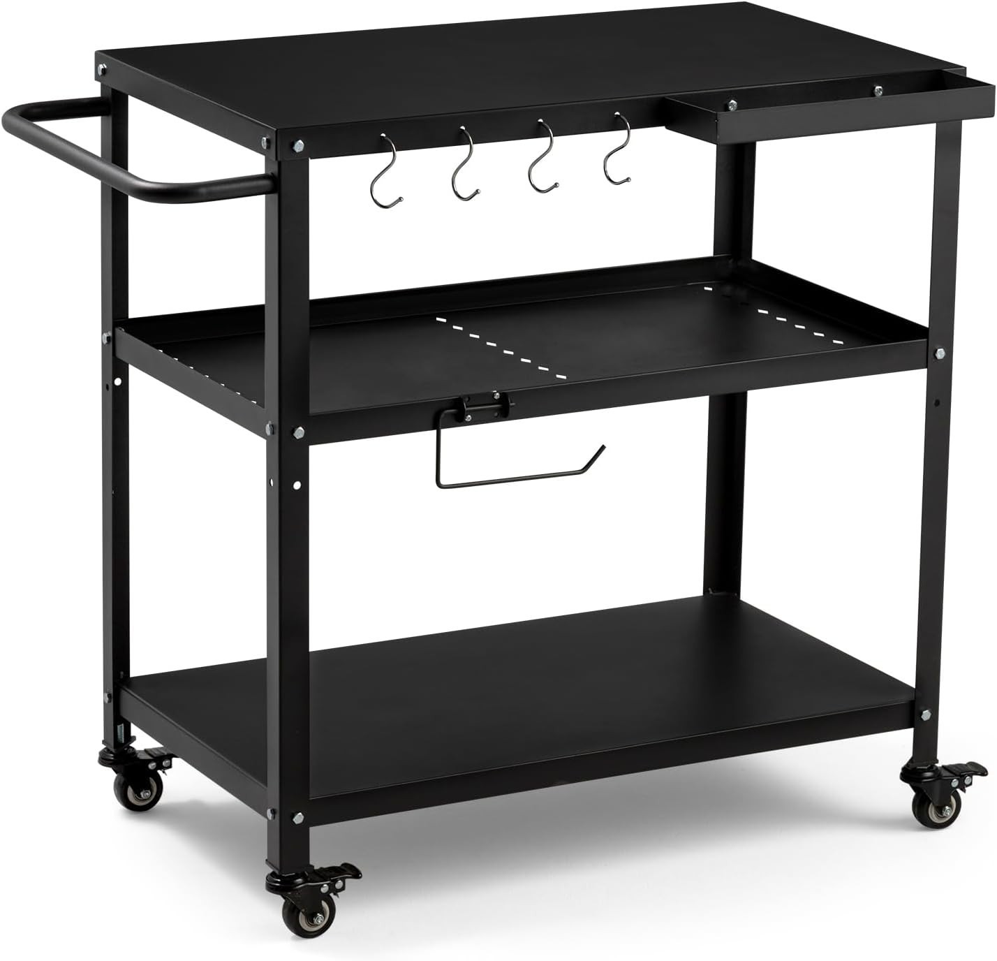 Black Iron Outdoor & Indoor Grill Cart with Lockable Casters & Hooks
