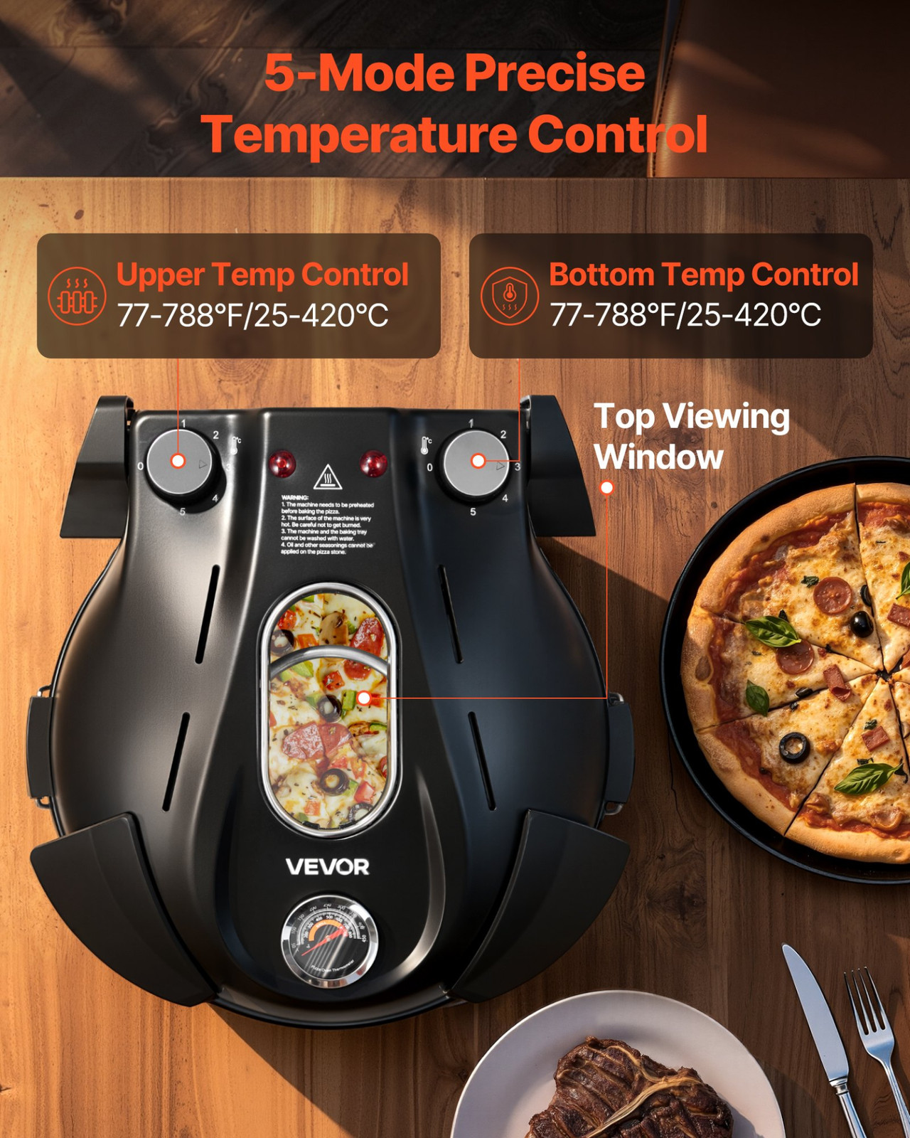 12″ Electric Pizza Oven 1200W Maker w/Stone 5-Mode Temp Control Home Kitchen