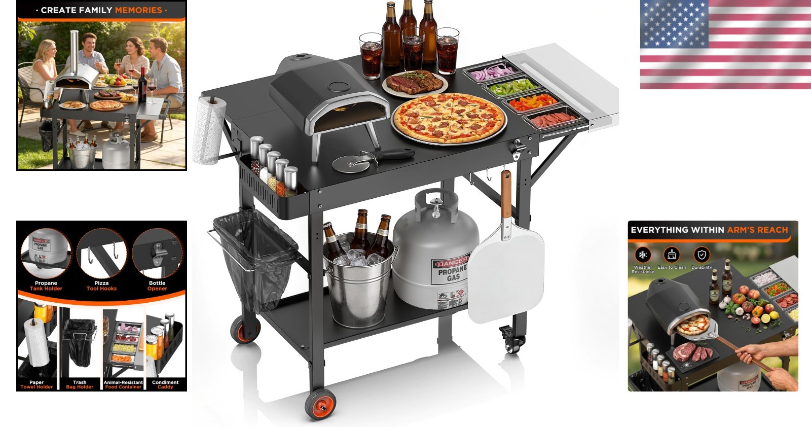 Heavy Duty Grill Cart with Topping Station – 450lbs Capacity