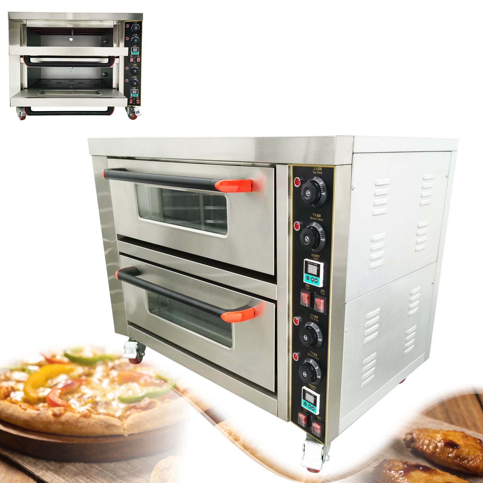 220V 1PH Commercial Movable Double-decker Pizza Electric Oven 6.4KW with Casters