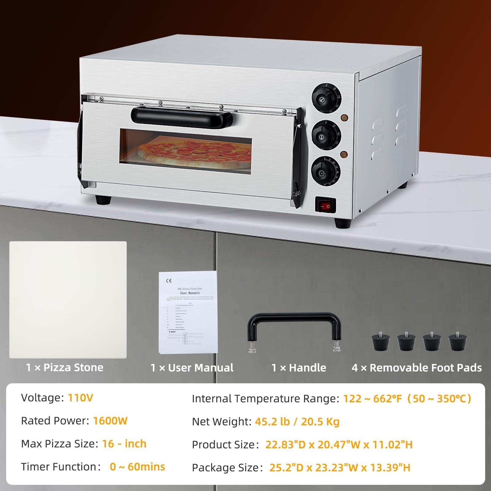 Electric Pizza Oven Countertop, 16 in Commercial Pizza Oven with Adjustable