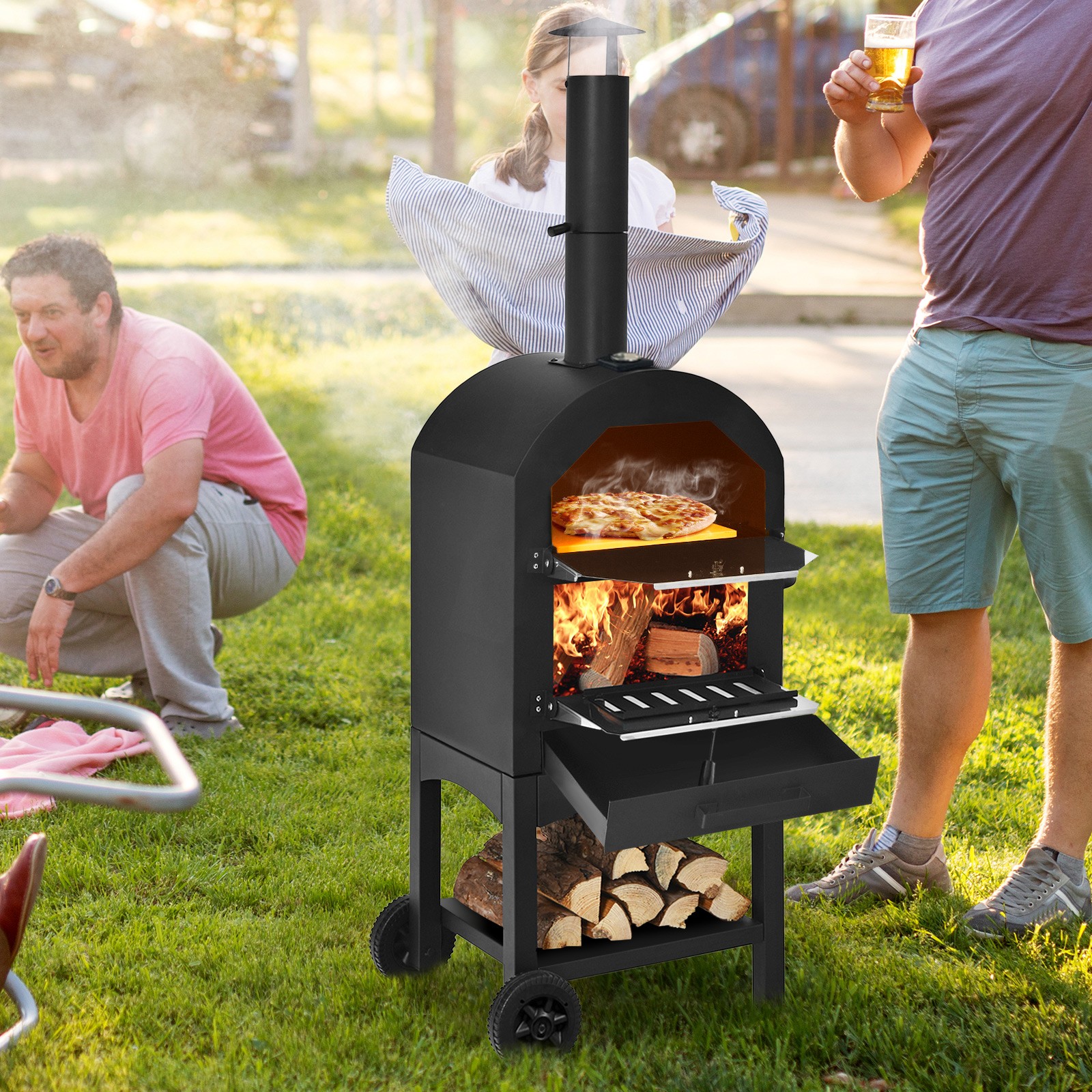 Pizza Oven Wood Fire Pizza Maker Grill W/ Pizza Stone & Waterproof Cover New
