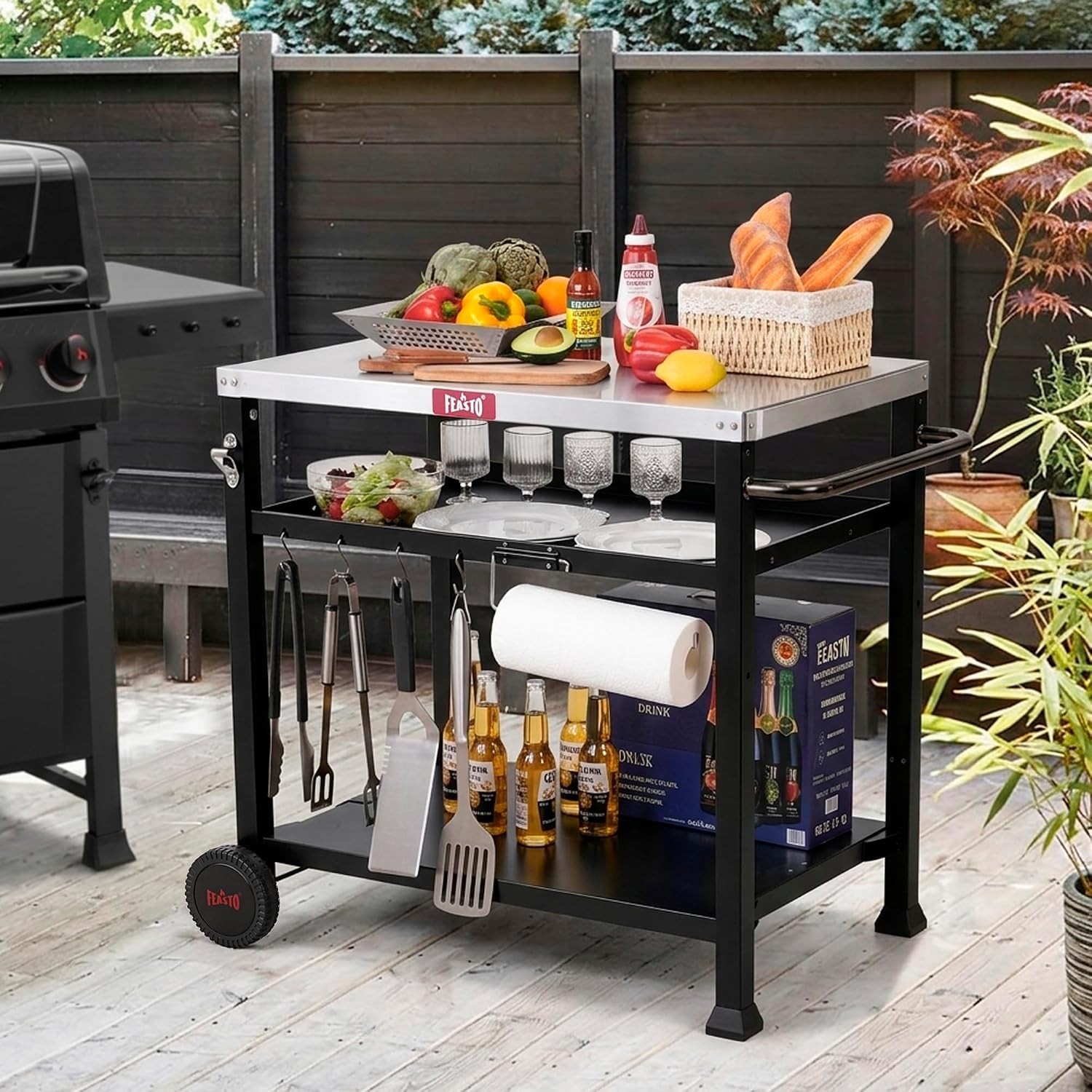 3-Shelf Outdoor Grill Cart & Pizza Oven Table – Elegant Black Steel Prep Station