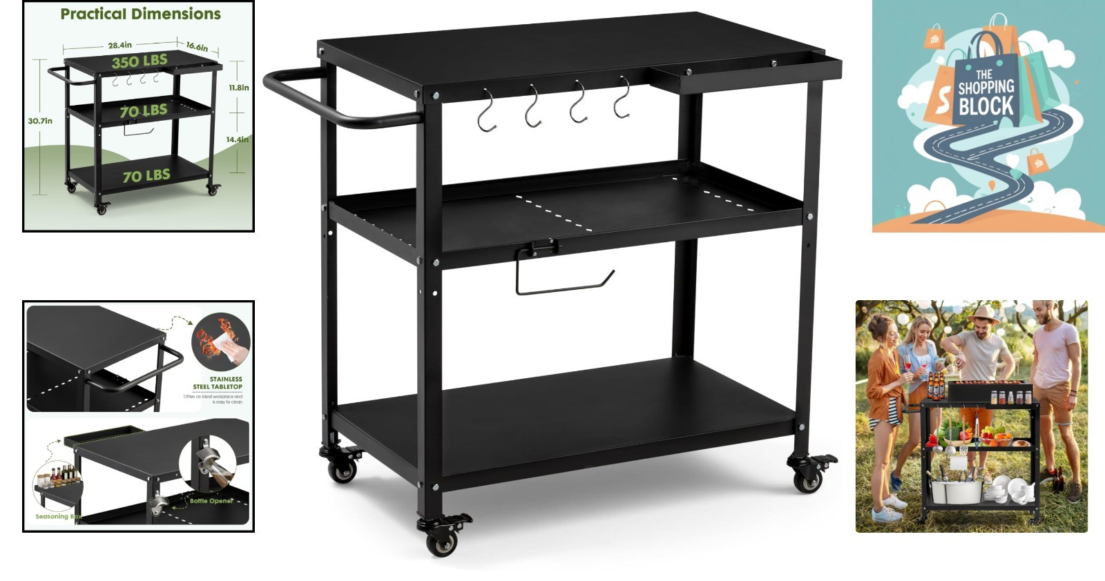 Black Iron Outdoor & Indoor Grill Cart with Lockable Casters & Hooks