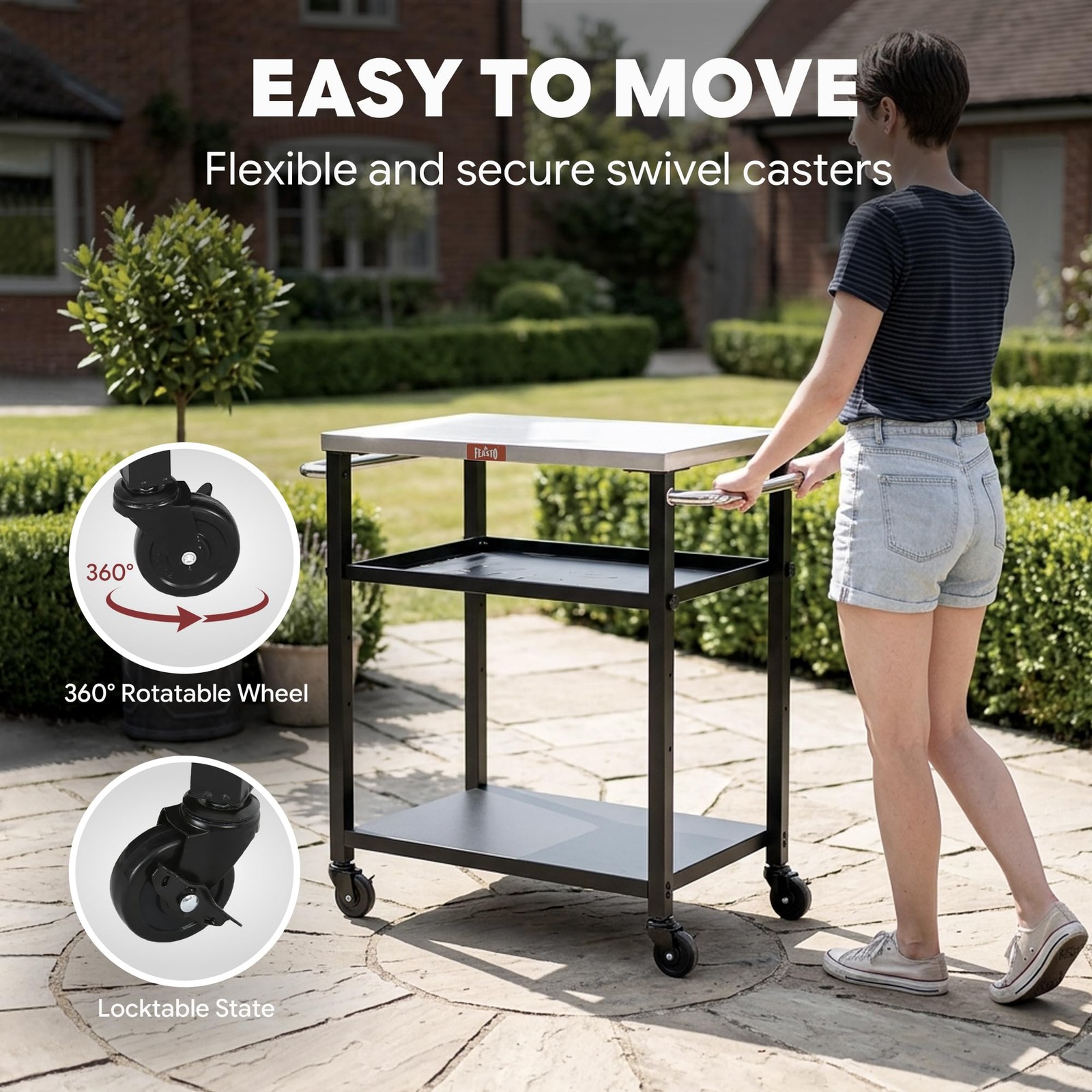 Feasto 3-Tier Outdoor Grill Cart, Rolling Pizza Oven Compact, Stainless Steel