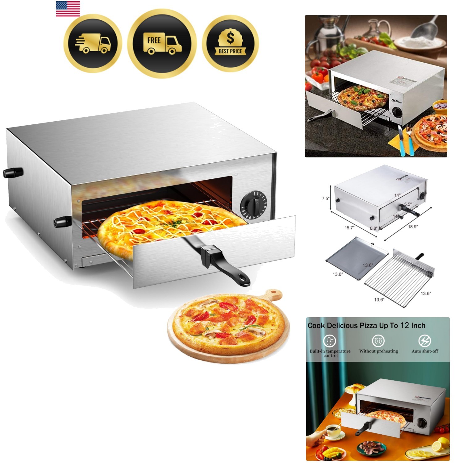 Electric Pizza Oven Stainless Steel Pizza Baker for Kitchen Commercial Use, S…