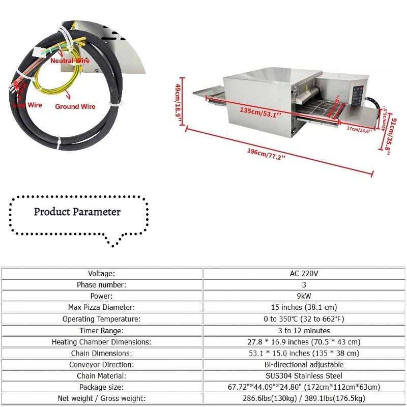 220V Commercial Conveyor Pizza Oven Electric Baking Oven Max Pizza 15 Inch 9kW