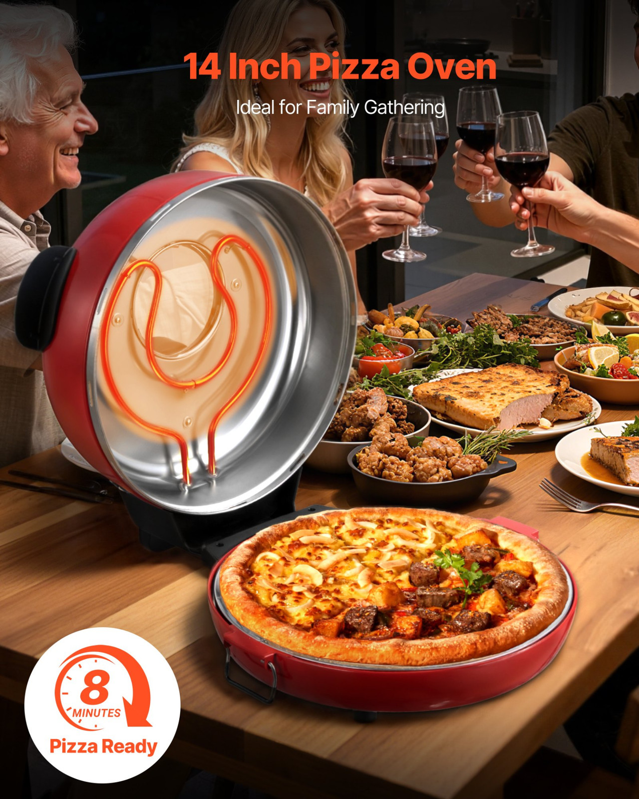 14″ Electric Pizza Oven 1600W Maker w/ Stone 5-Mode Temp Control for Home Use