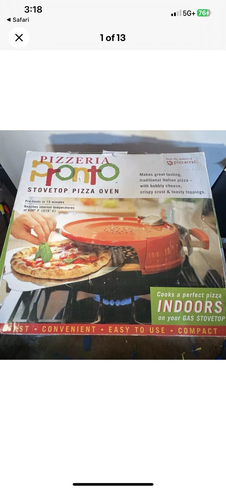 Pizzeria Pronto Stovetop Pizza OvenIndoors Gas Stove Only Pizza Stone NOT In Box