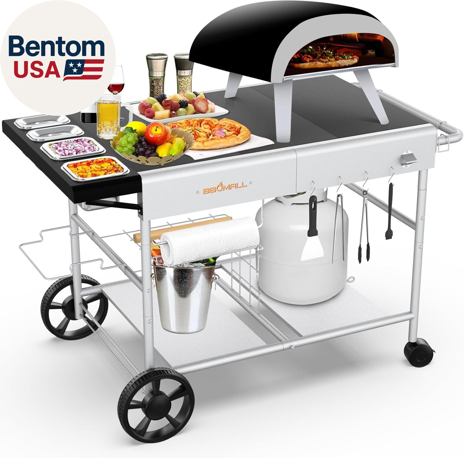 Pizza Oven Table Grill Cart with Pizza Topping Station Movable Food and Prep Wor