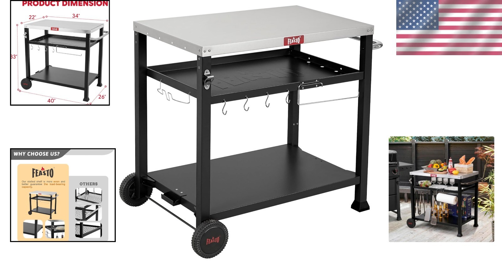 Versatile 3-Shelf BBQ Prep Station with 33.5” Stainless Steel Surface