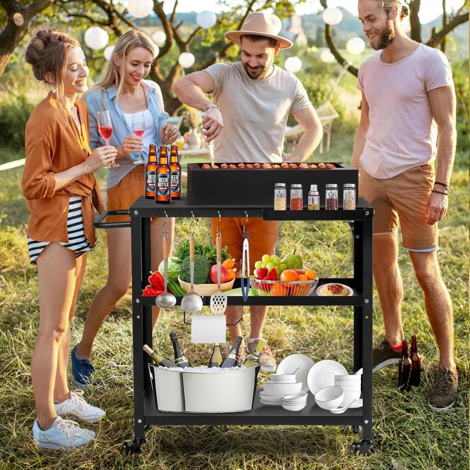 Black Iron Outdoor & Indoor Grill Cart with Lockable Casters & Hooks