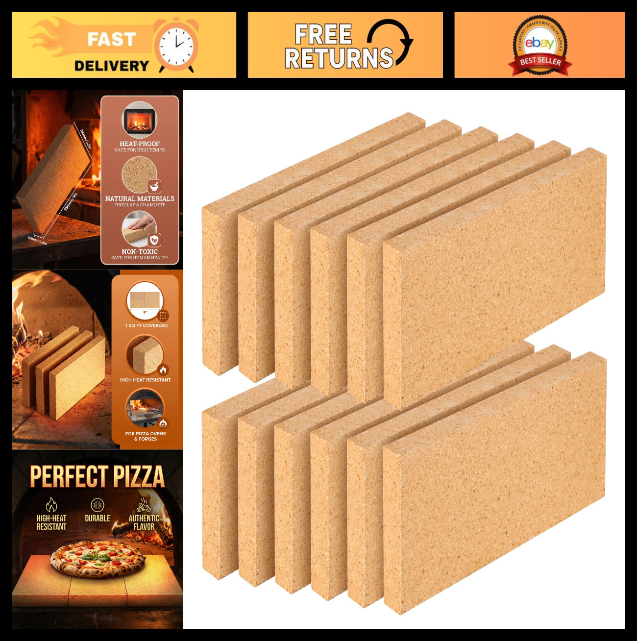 12 Pack High Temp Firebricks 3000°F Insulating 9″x4.5″x0.8″ for Pizza Oven, Wood