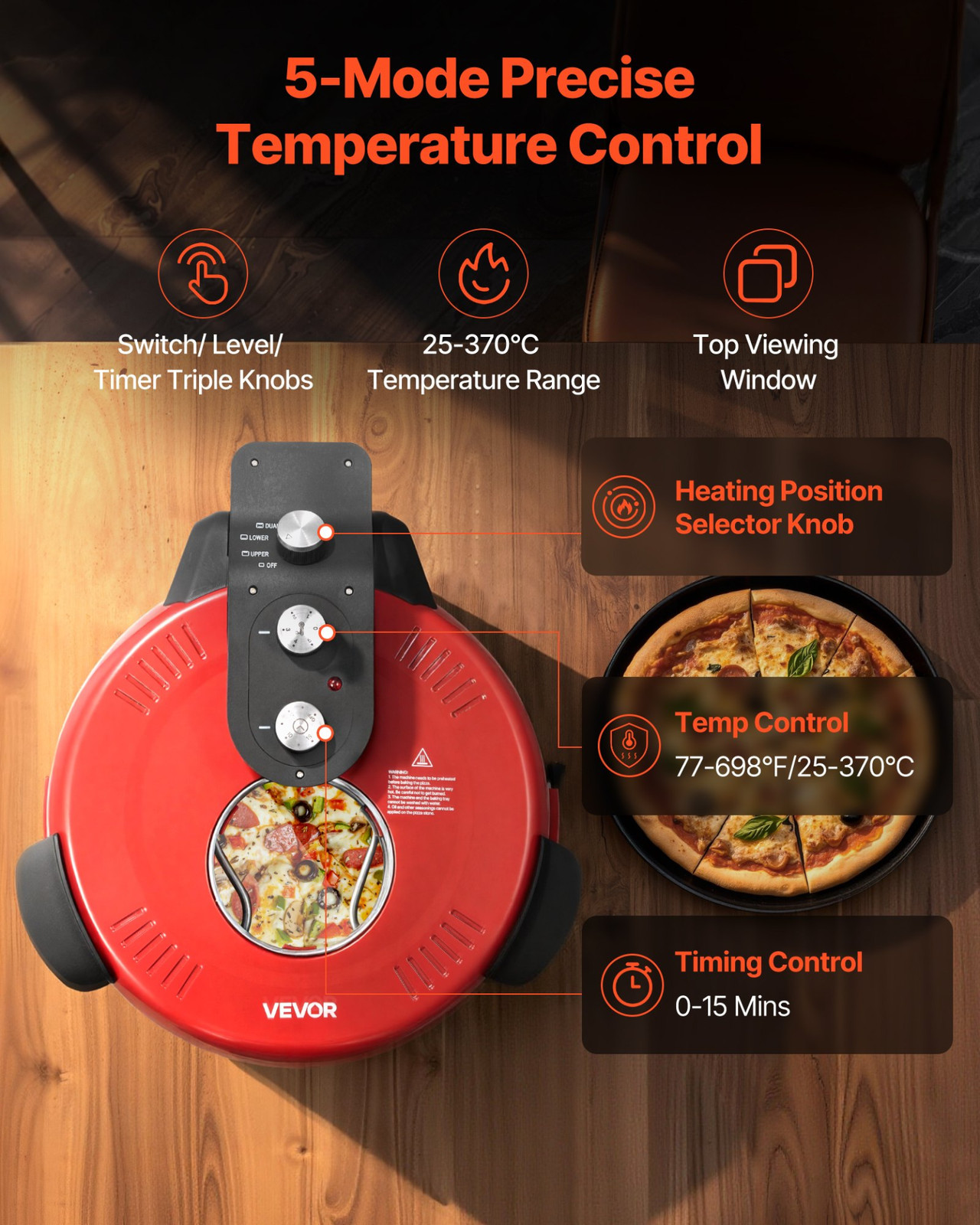 14″ Electric Pizza Oven 1600W Maker w/ Stone 5-Mode Temp Control for Home Use