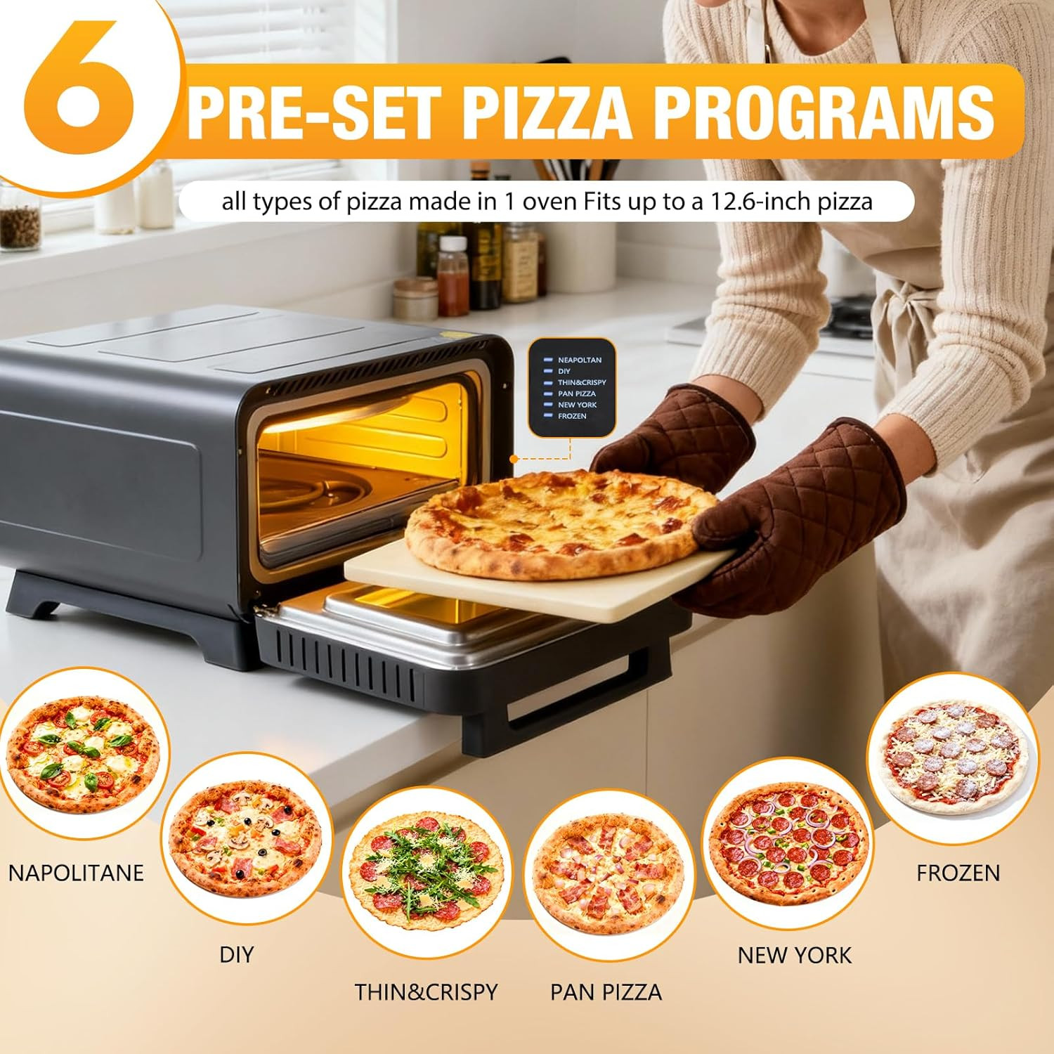 Electric Pizza Oven with Digital Display 1600W, 6 Preset Functions, 750°F High H