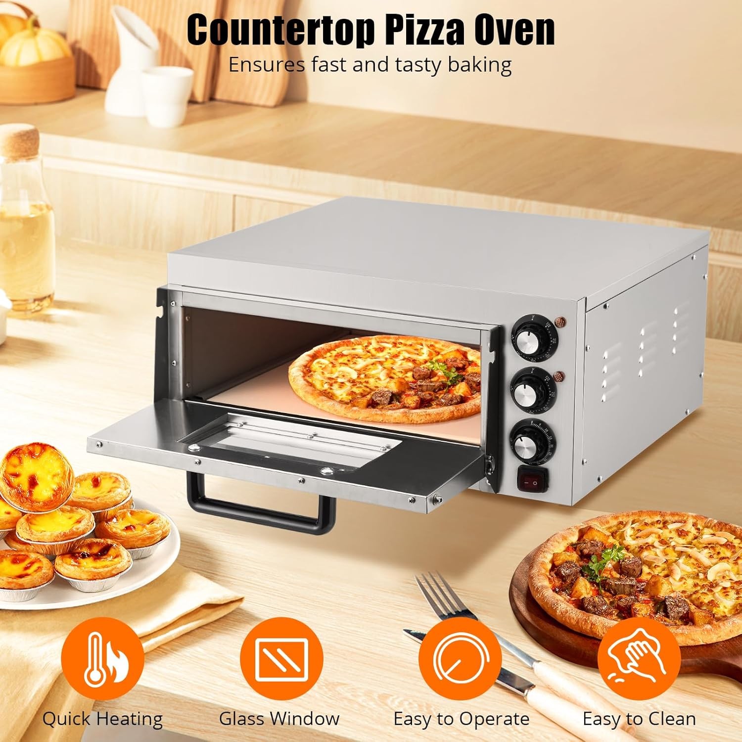 110V Electric Pizza Oven 1100W Dual Heating Timer Stainless Steel Removable Tray