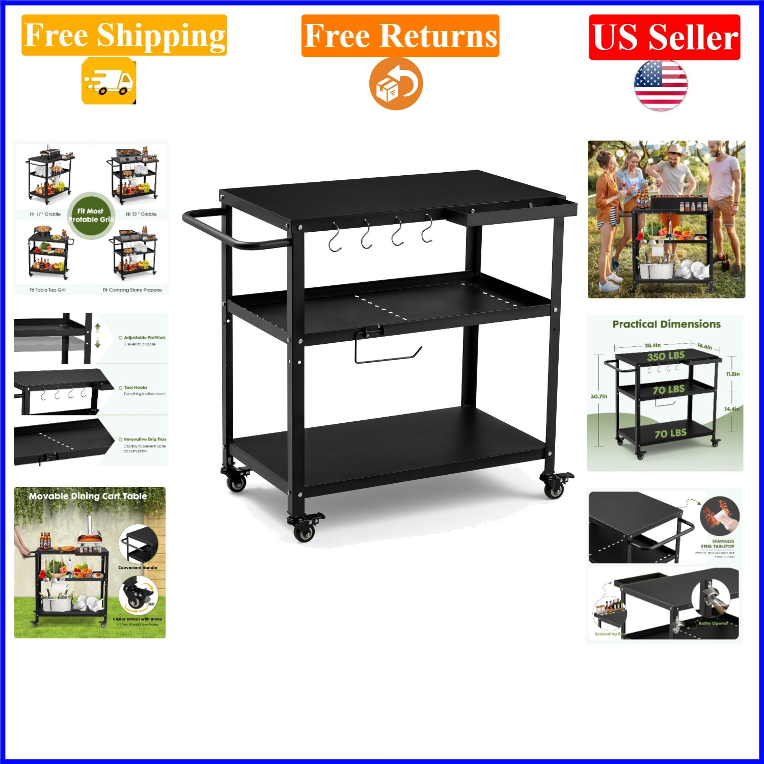 Black Iron Outdoor & Indoor Grill Cart with Lockable Casters & Hooks