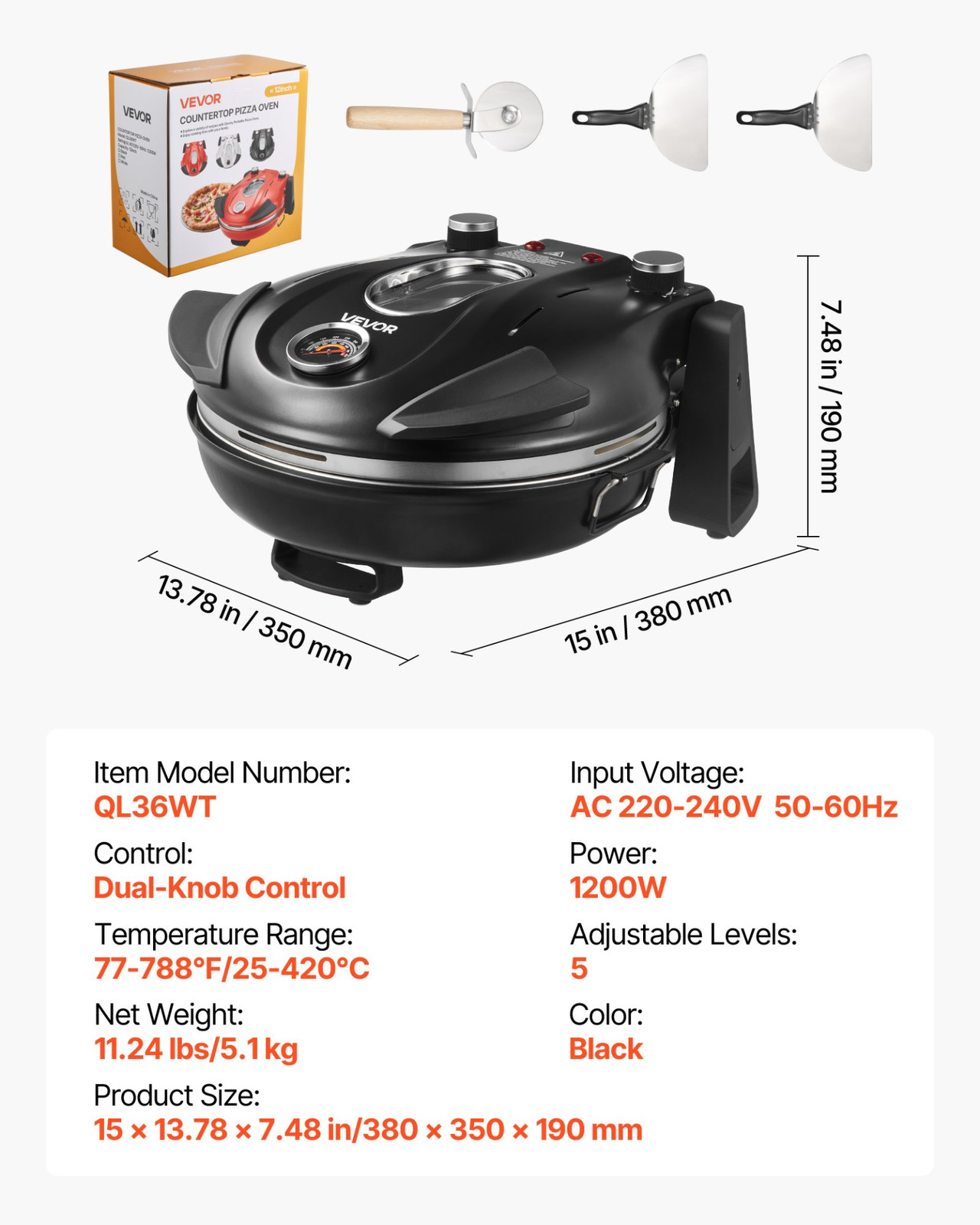 12″ Electric Pizza Oven 1200W Maker w/Stone 5-Mode Temp Control Home Kitchen