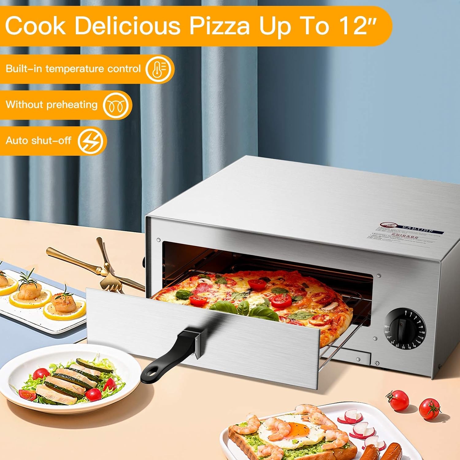 Electric Pizza Oven Indoor Stainless Countertop Pizza Maker with Timer