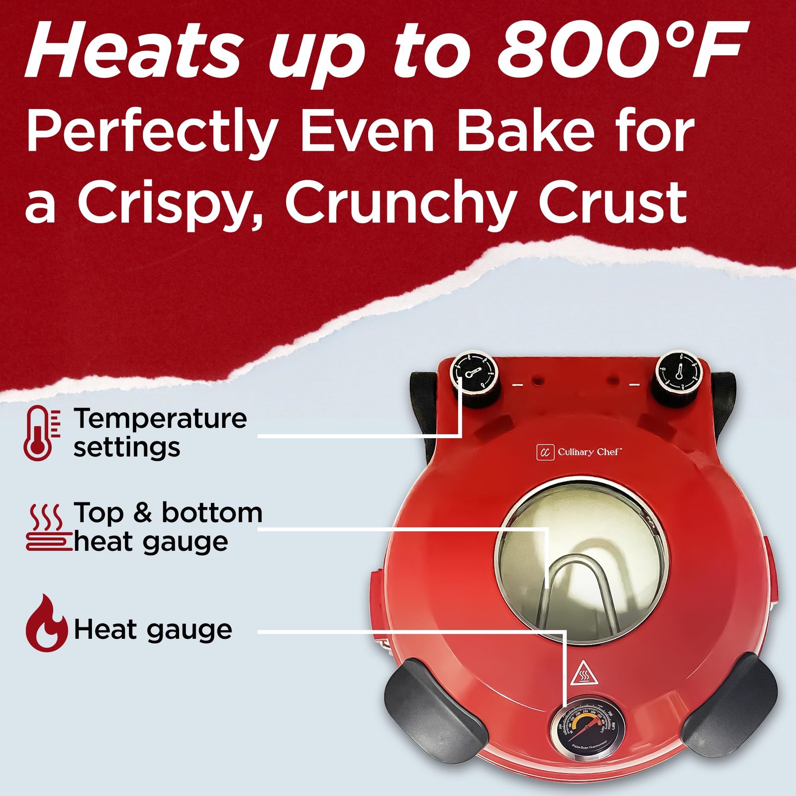 CULINARY CHEF Electric Pizza Oven with Ceramic Stone, Viewing Compact, Red