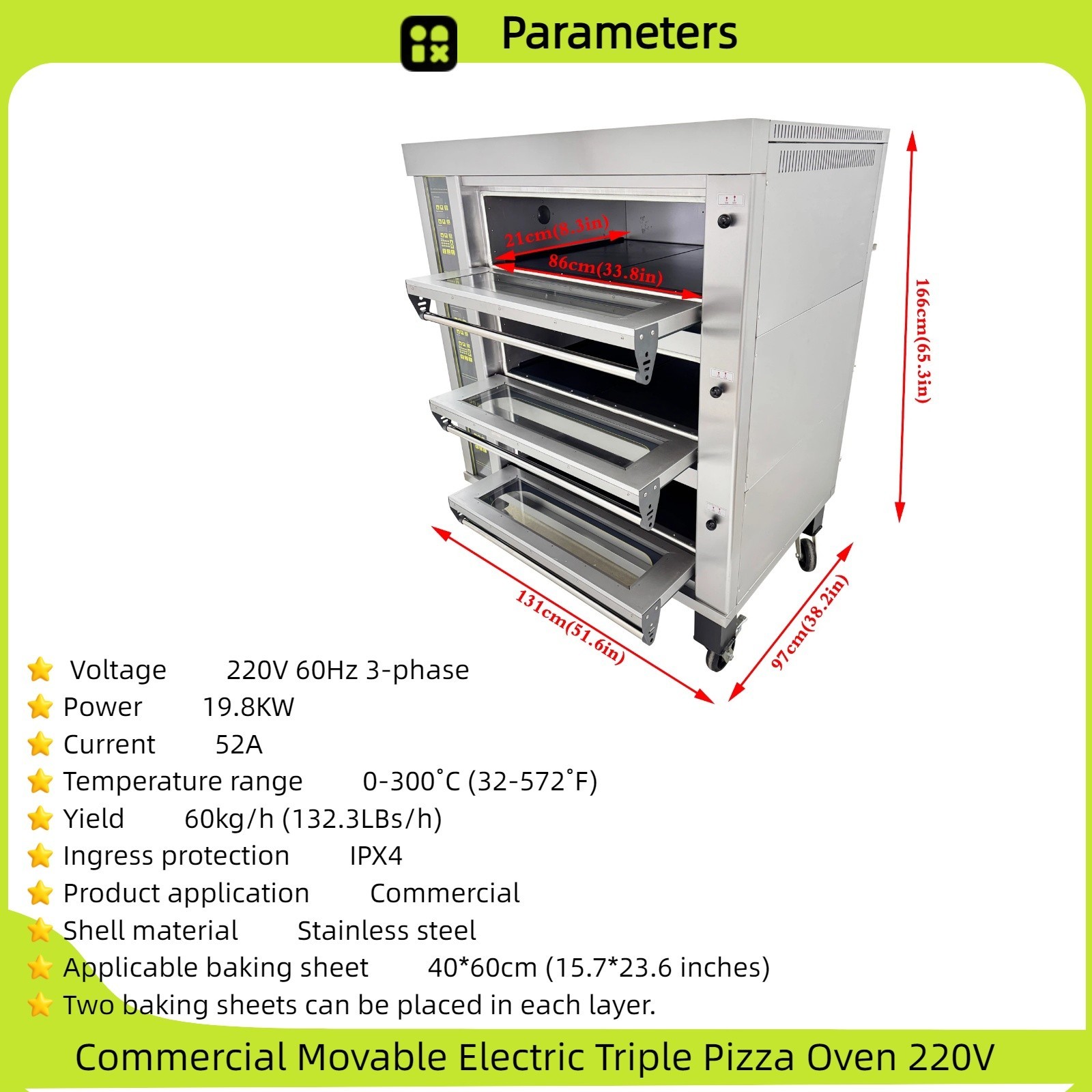 Commercial Movable Electric Triple Pizza Oven 220V 6 Baking Sheets 0-300˚C