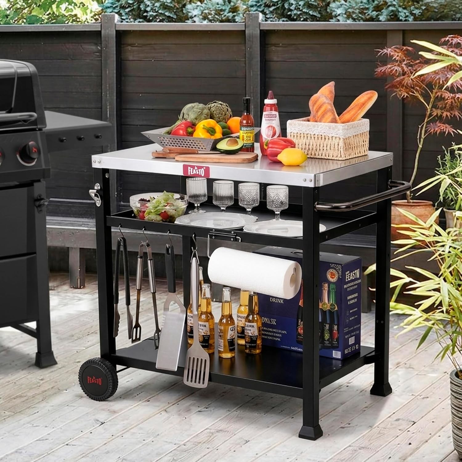 Versatile 3-Shelf BBQ Prep Station with 33.5” Stainless Steel Surface