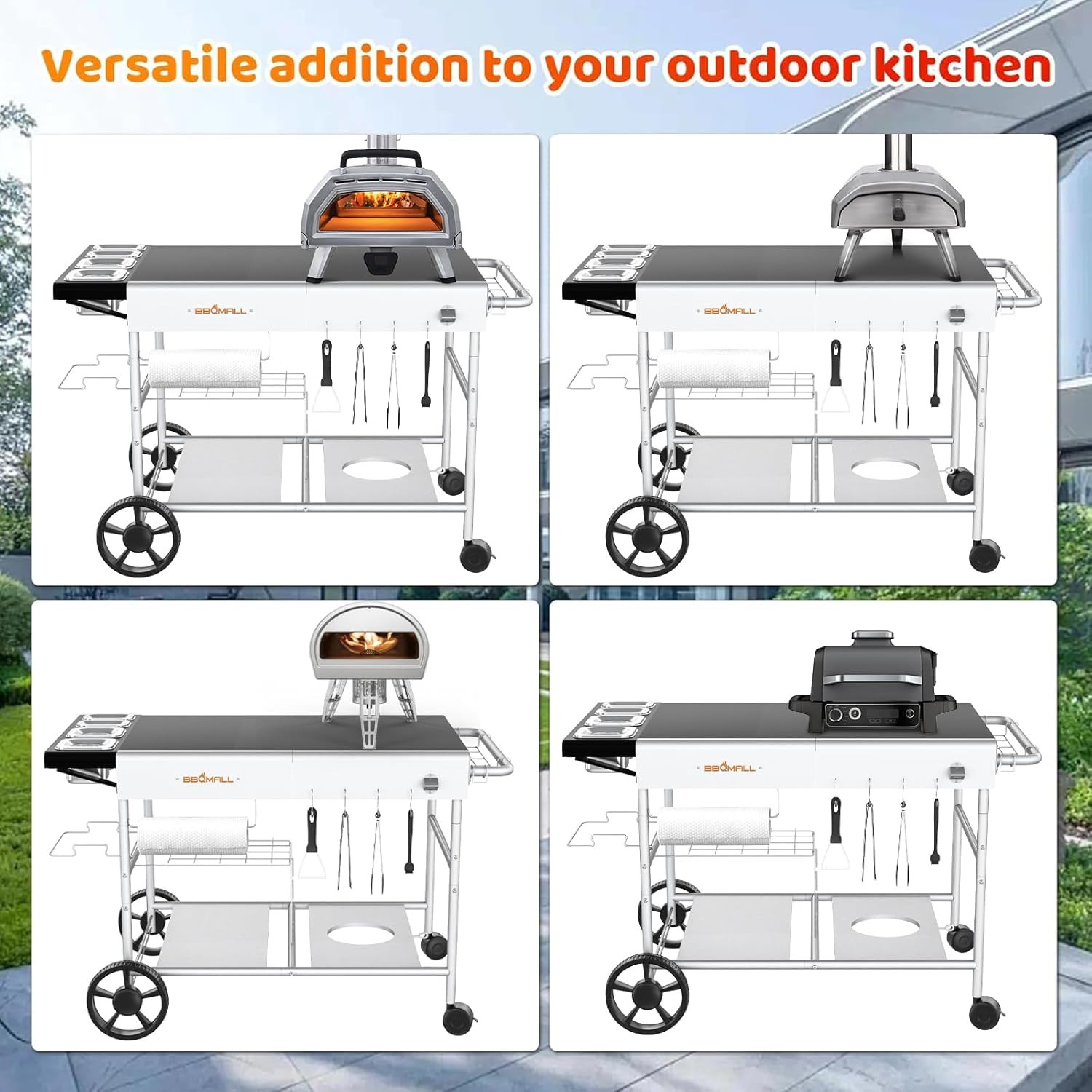 Pizza Oven Table Grill Cart with Pizza Topping Station Movable Food and Prep Wor