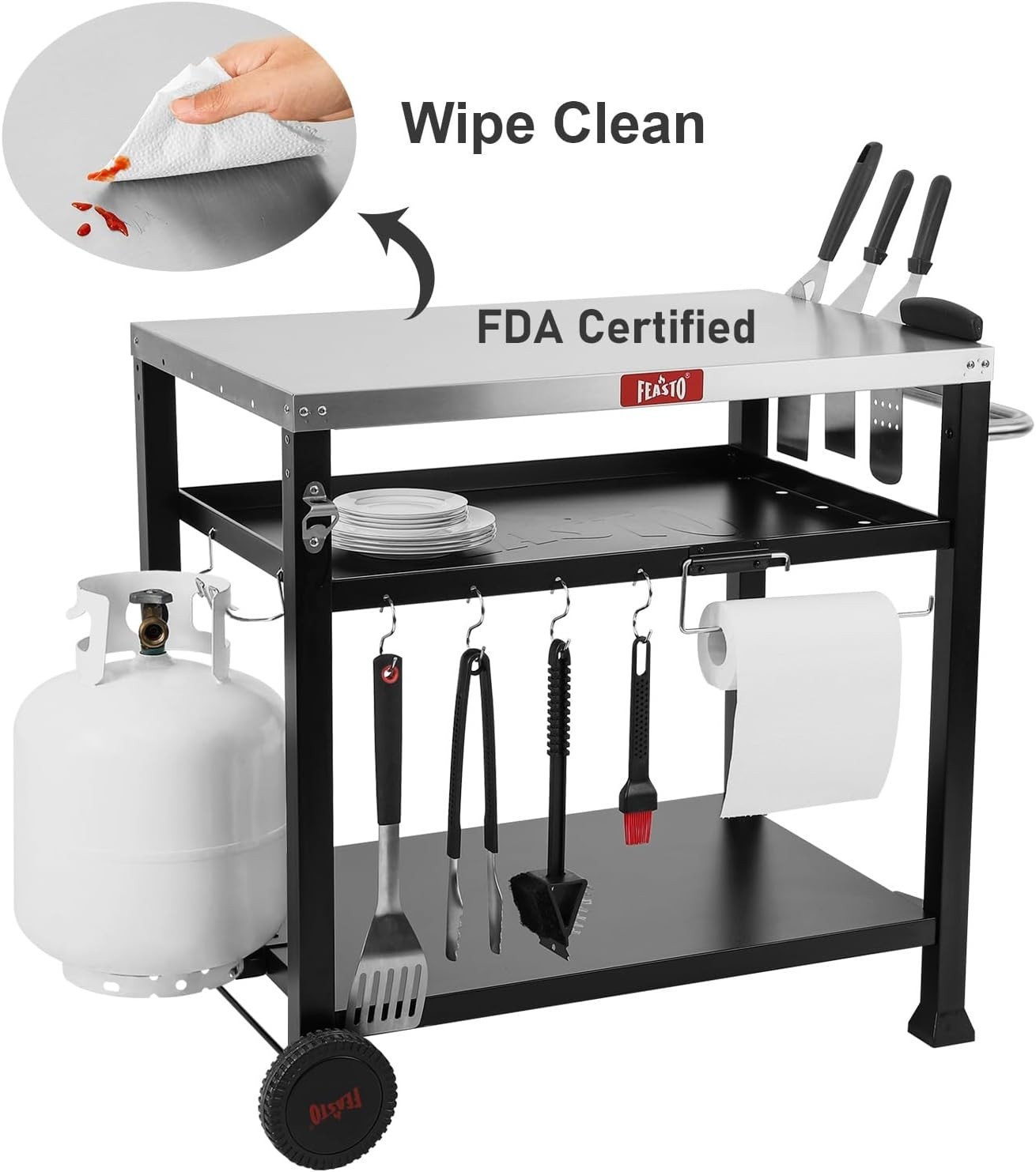 Versatile 3-Shelf BBQ Prep Station with 33.5” Stainless Steel Surface