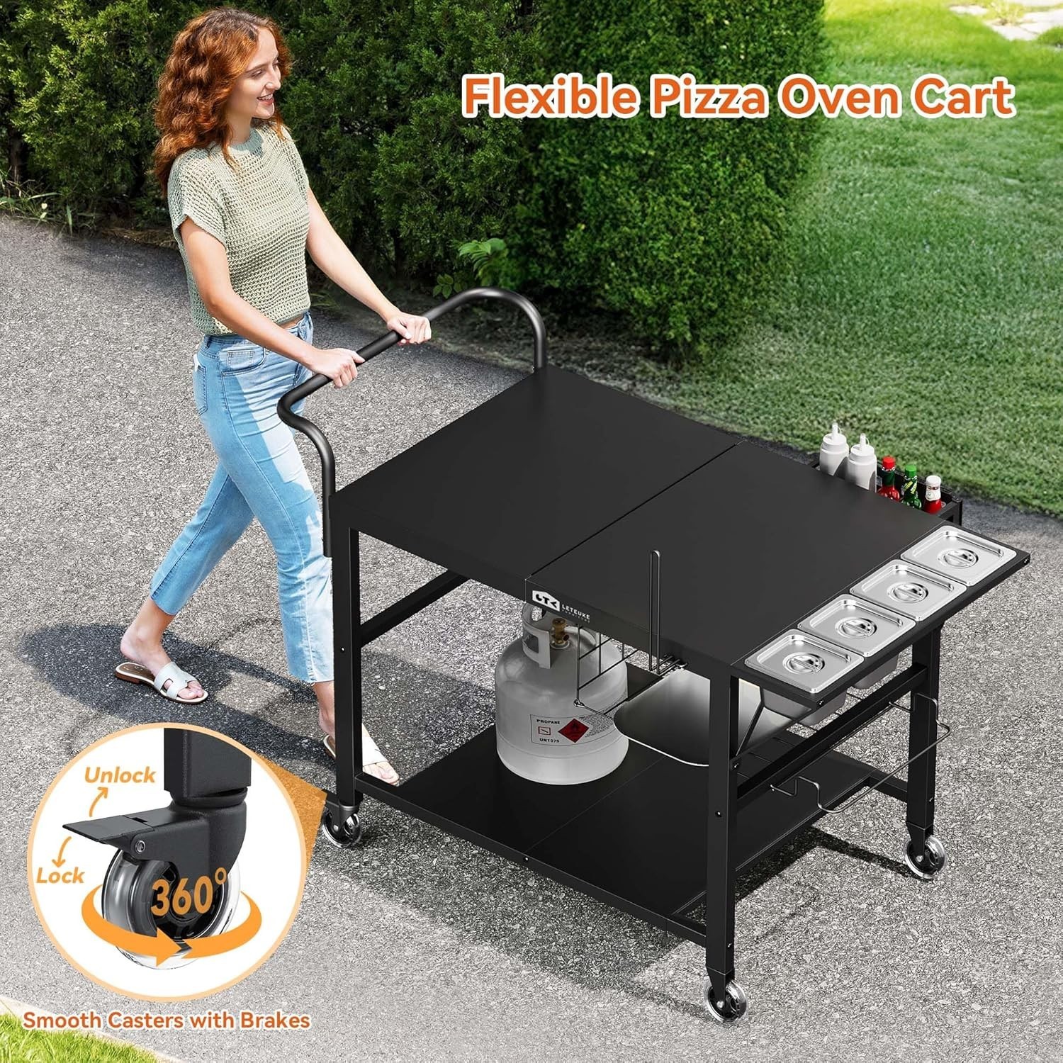 Rust-Proof Outdoor Grill Cart with Spice Rack: Ideal for Pizza Oven and BBQ Prep