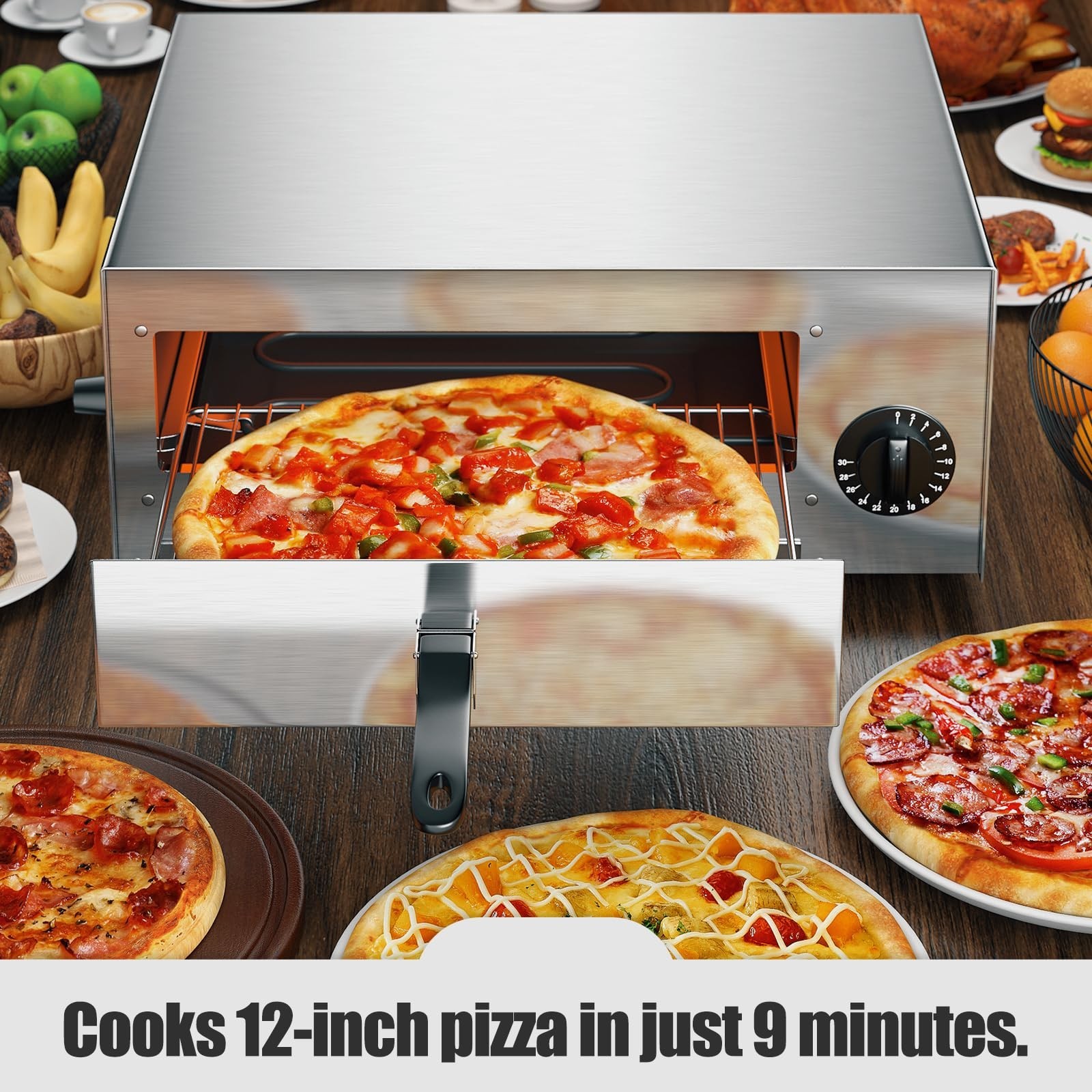 SIMOE Electric Pizza Oven 12″ with Handle Removable Tray 30mins Timer Countertop