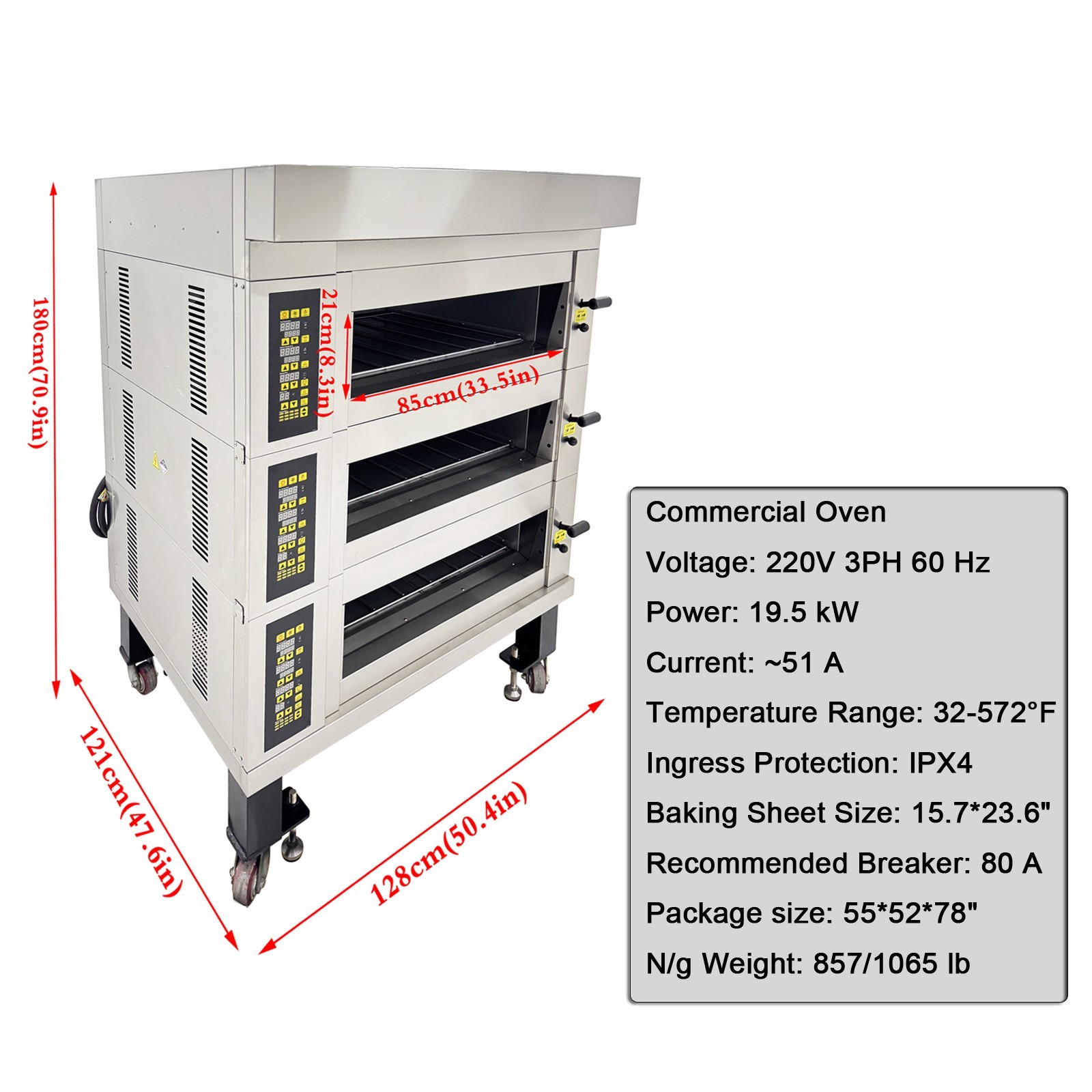 Commercial Electric Pizza Oven (220V 3-Phase, 19.5kW, 6 Pan, 3-Layer, 0-300℃)
