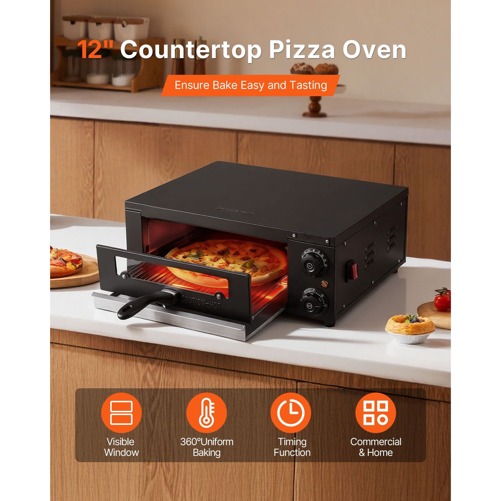 Electric Pizza Oven, 12 in Countertop Pizza Oven, 77 to 572°F Temp Range, 1450W