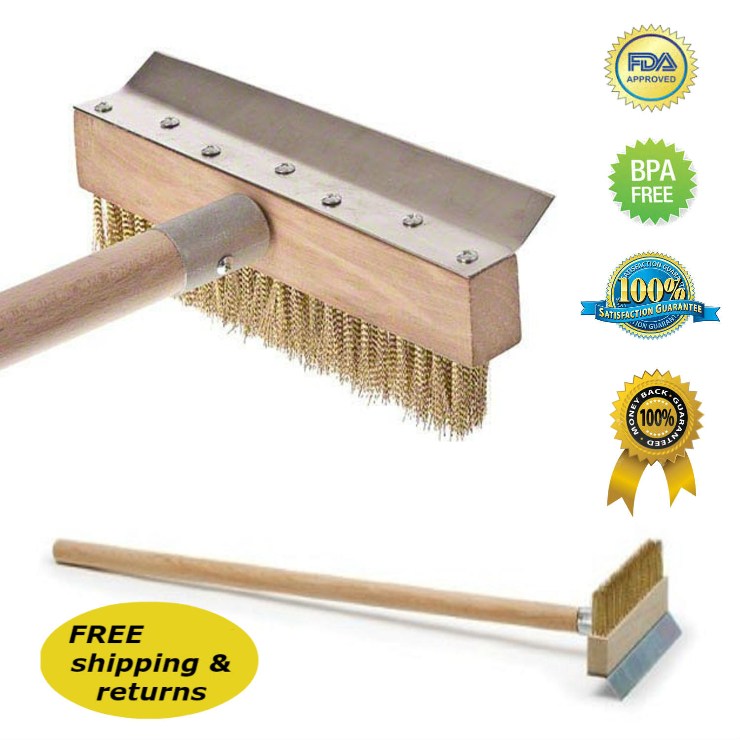 39″ Pizza Oven Brush Wood Handle Metal Bristles and Scraper Professional Quality