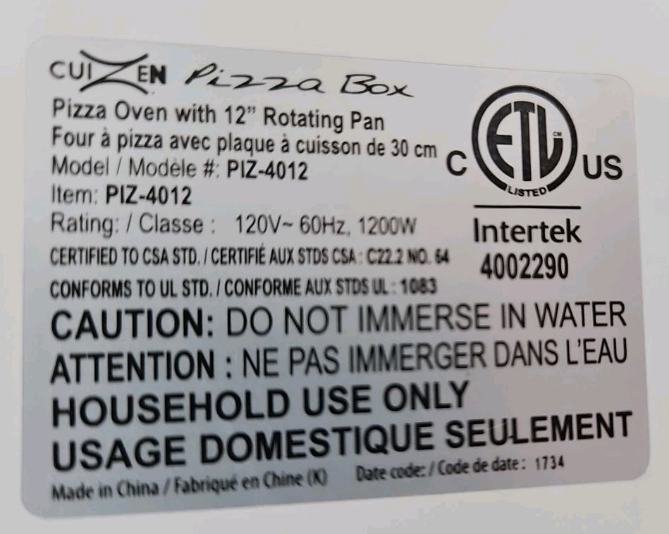 Cuizen Pizza Box Countertop Pizza Oven w/ 12″ Rotating Pan PIZ-4012 – Tested