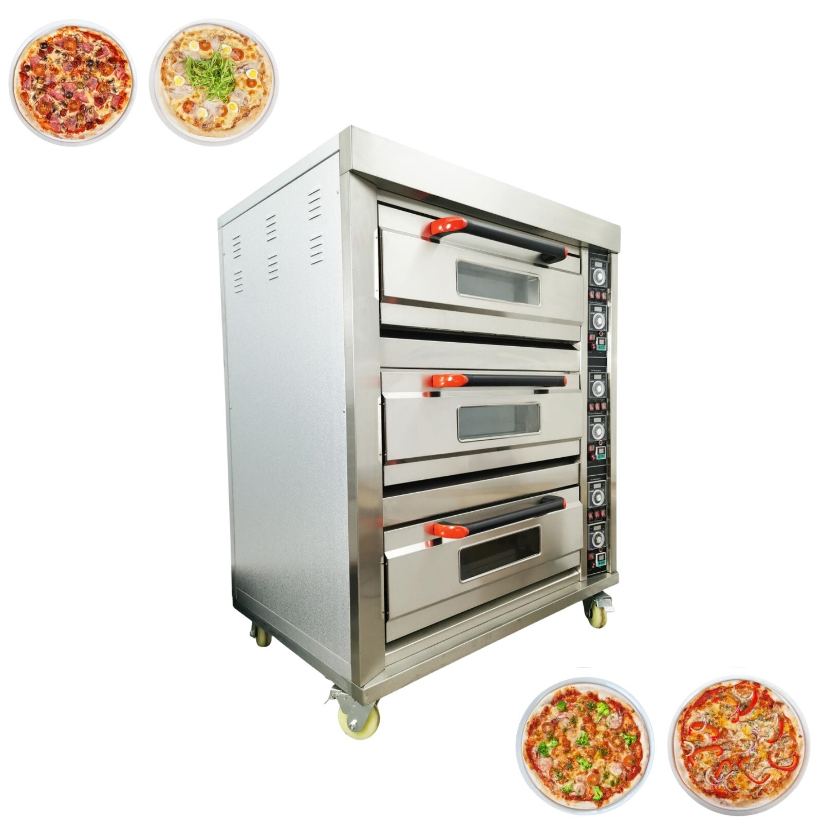 220V Commercial Movable Electric Triple Pizza Oven Bread Toast 400℃ Meat Roast