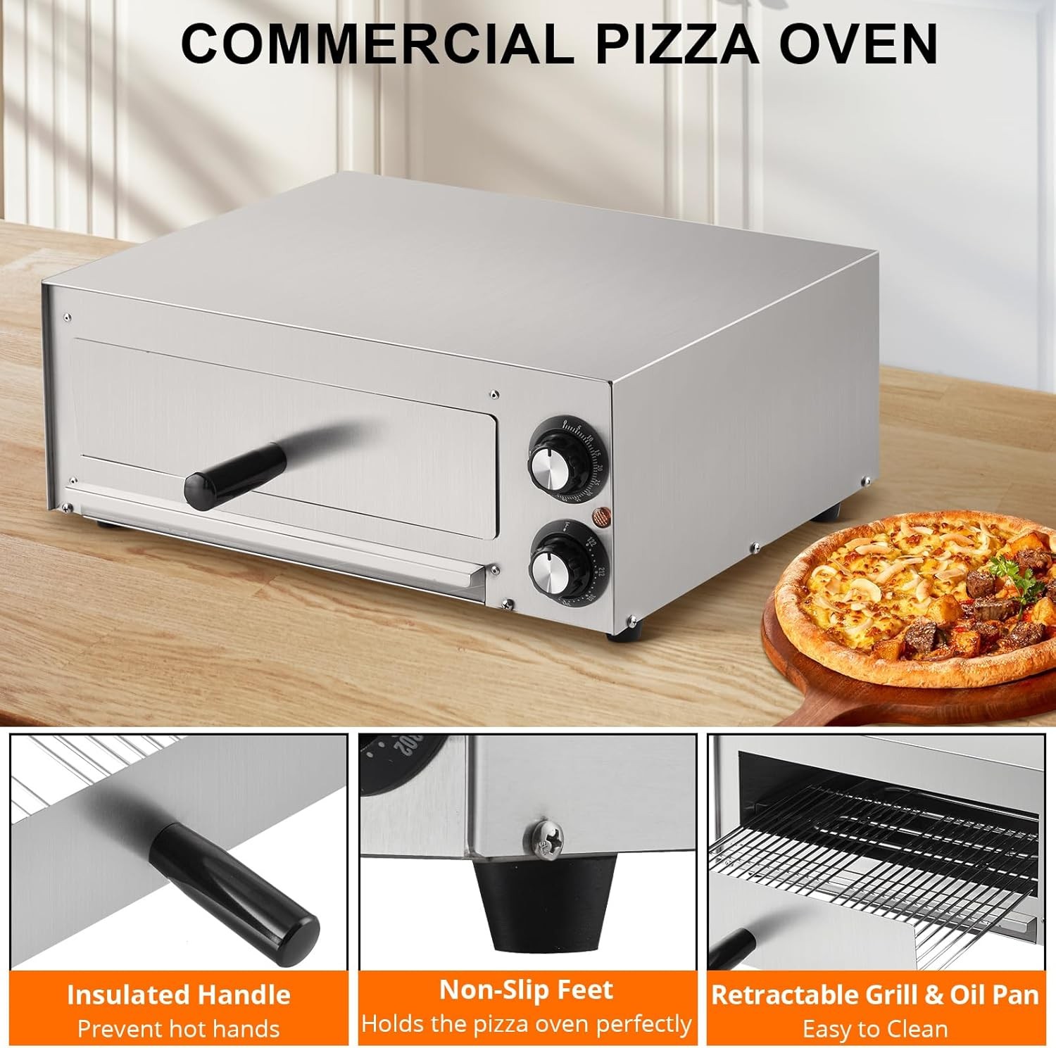 110V Electric Pizza Oven 1100W Dual Heating Timer Stainless Steel Removable Tray